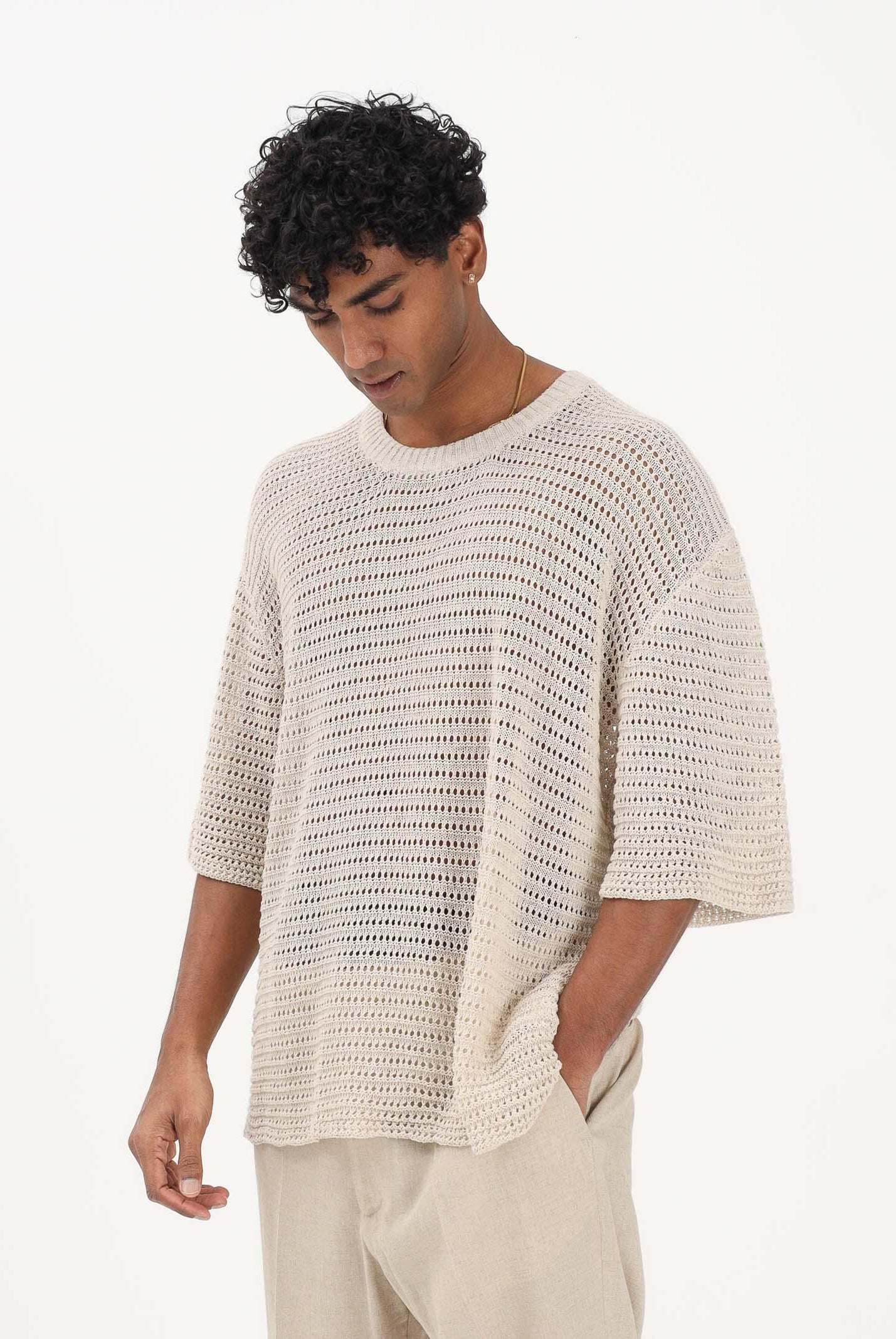 I'M BRIAN Maglia a manica corta beige da uomo realizzata in lavorazione traforata MA3610 LI I'M BRIAN