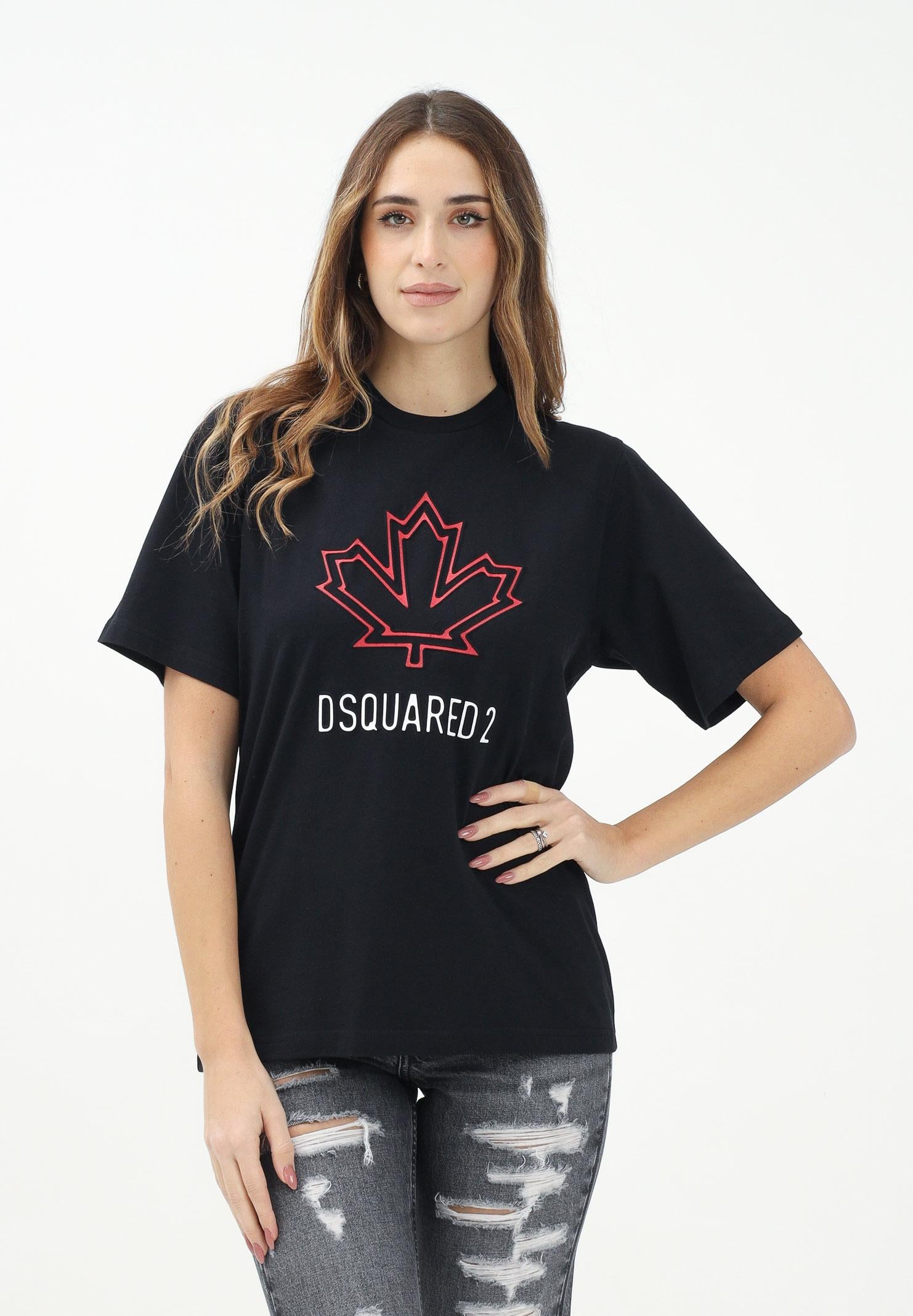 DSQUARED2 T-shirt a manica corta nera per donna, ragazzi e bambini con logo Maple Leaf DQ2770D0015 DQ900 DSQUARED2