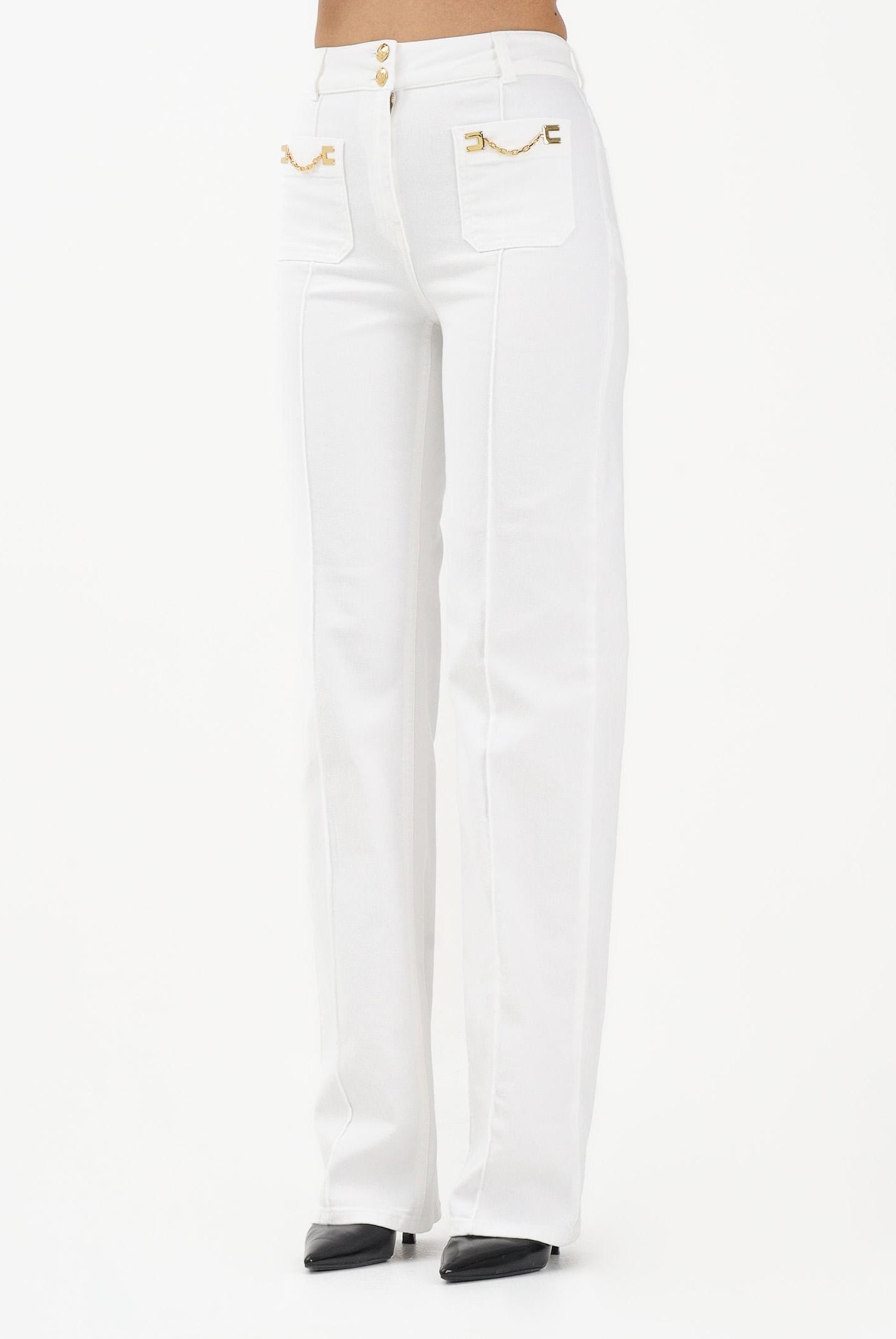 ELISABETTA FRANCHI Jeans a vita alta avorio da donna con dettagli gioiello PJ25D61E2 360 ELISABETTA FRANCHI