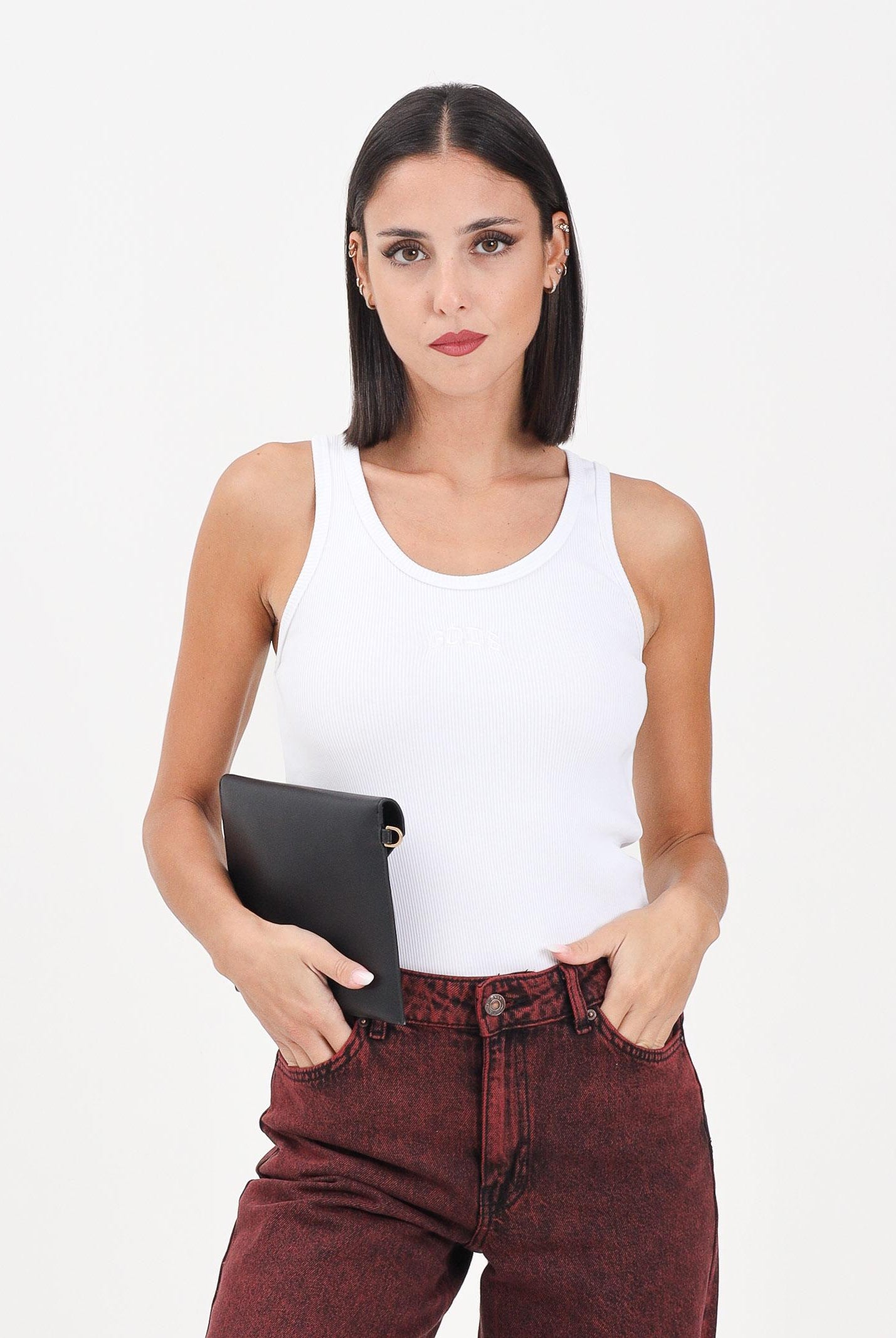 GCDS Canotta bianca da donna in cotone a costine con logo B2EW2801JA2 10 GCDS