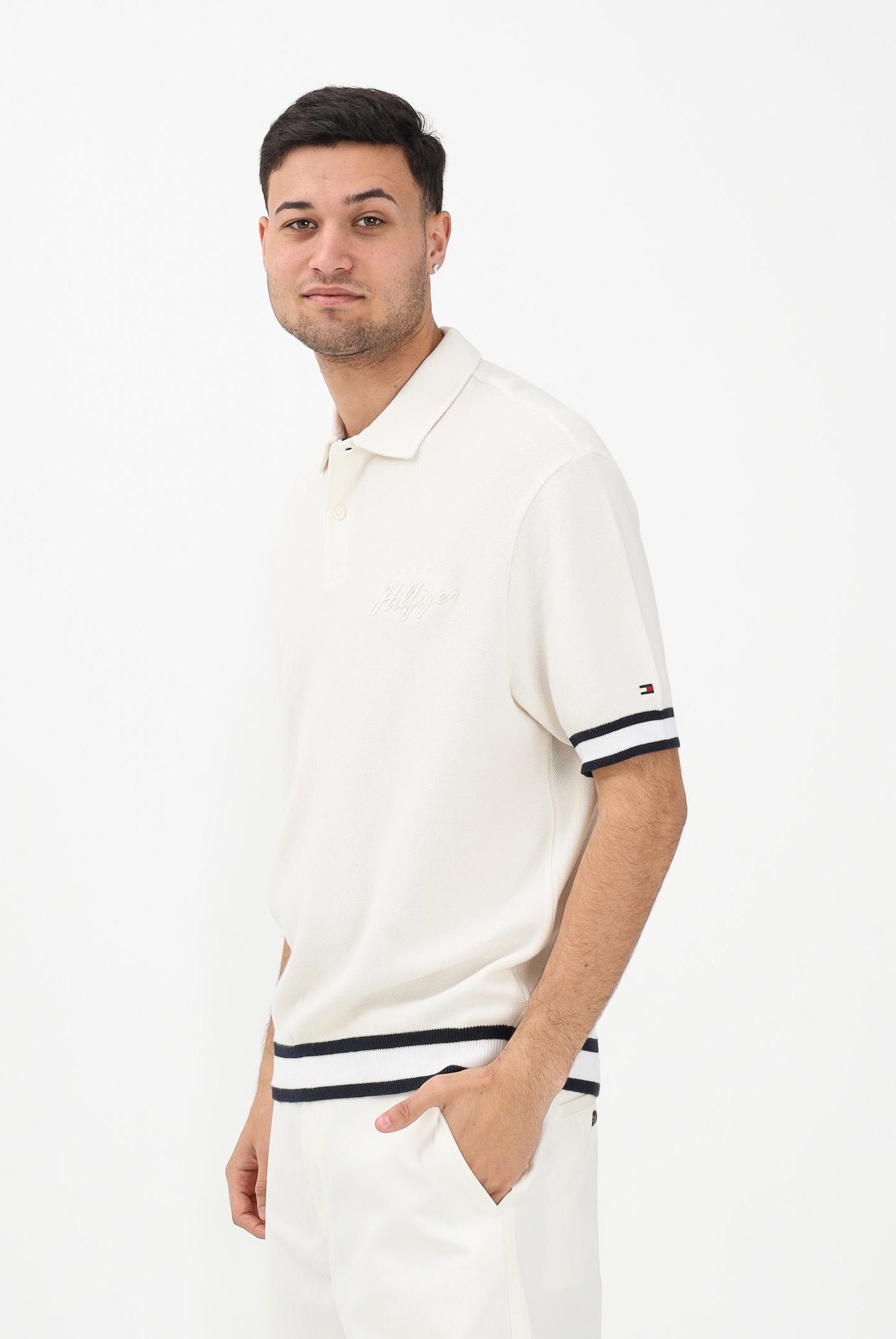 TOMMY HILFIGER Polo a manica corta panna da uomo con ricamo logo MW0MW41620 Z00 TOMMY HILFIGER