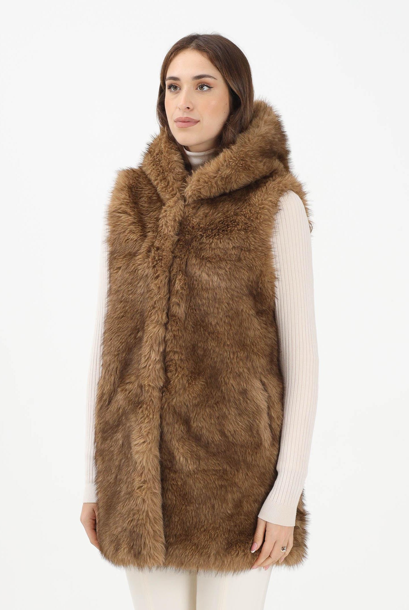 MEHRAN Pelliccia smanicata beige da donna con cappuccio 25296BIS BIS MEHRAN