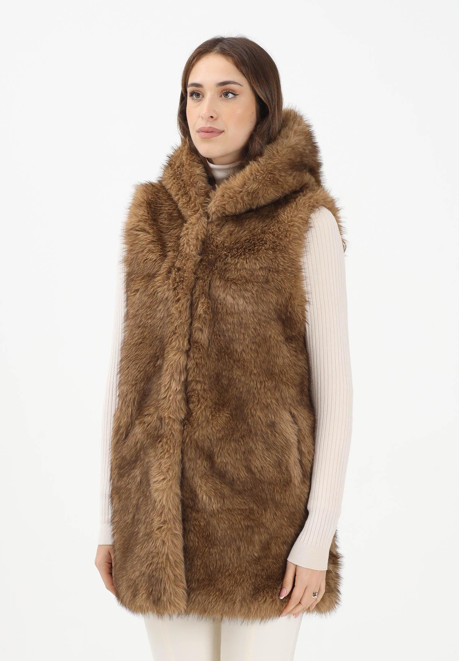 MEHRAN Pelliccia smanicata beige da donna con cappuccio 25296BIS BIS MEHRAN