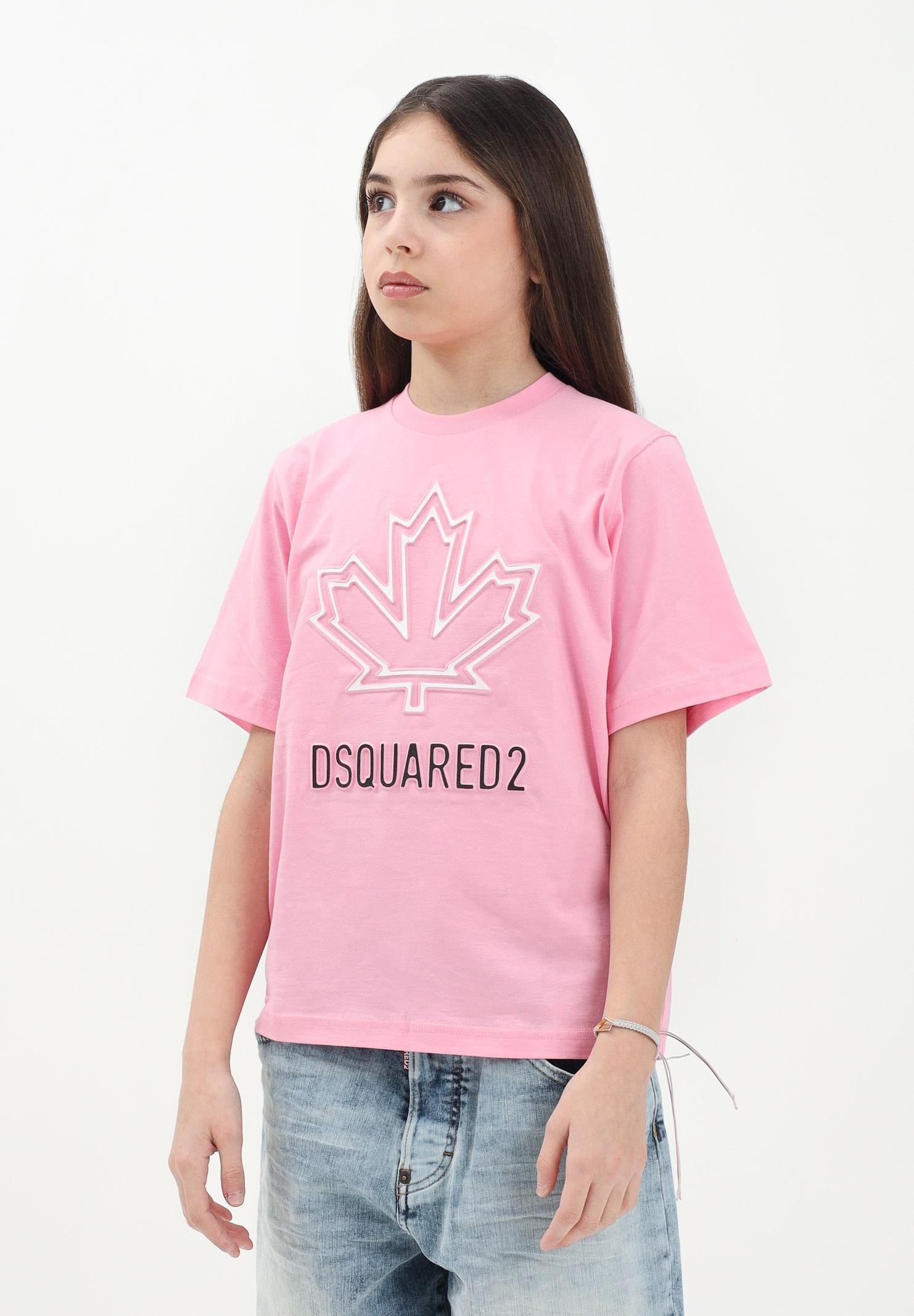 DSQUARED2 T-shirt a manica corta rosa per donna e bambina con logo Maple Leaf DQ2770D0015 DQ321 DSQUARED2