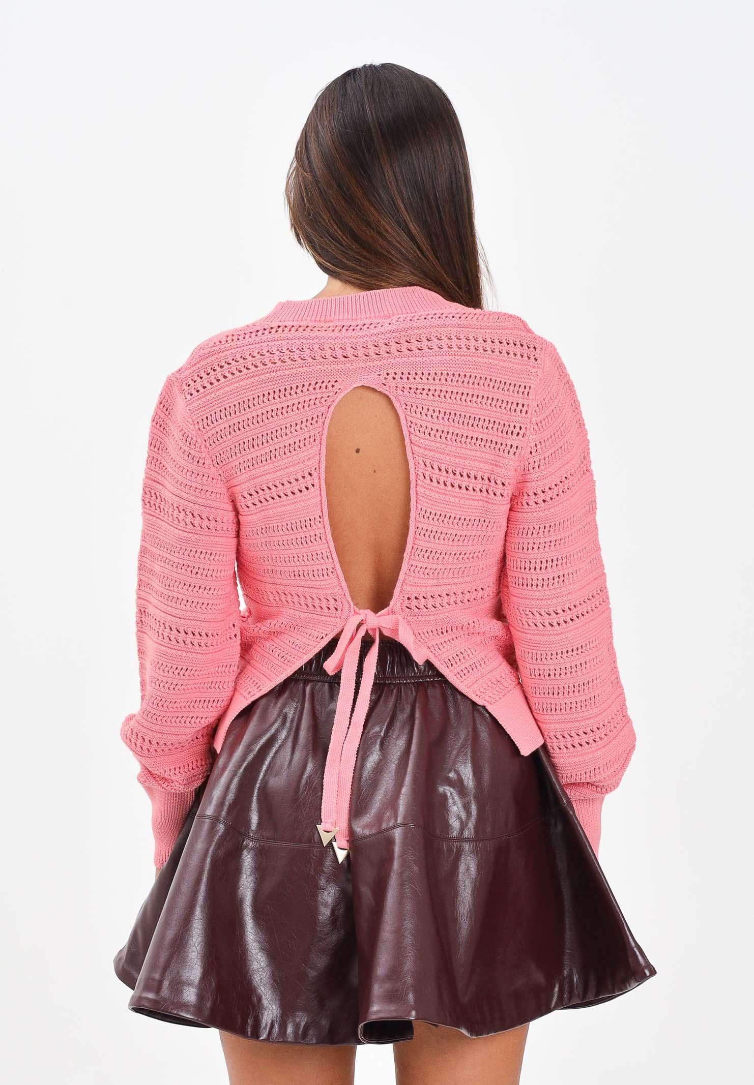 AKEP Maglia girocollo rosa blush da donna con lavorazione a righe traforate MGKD11064 V1 AKEP