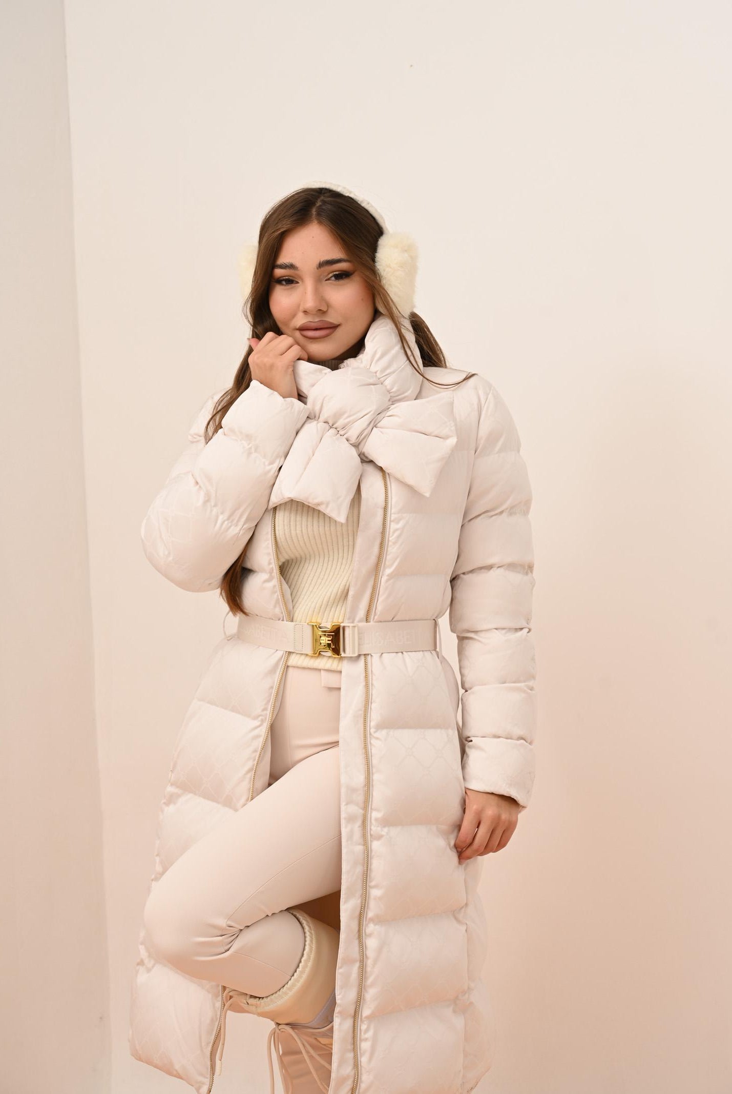 ELISABETTA FRANCHI Piumino lungo panna da donna in tessuto vela jacquard PI84D56E2 DZ9 ELISABETTA FRANCHI