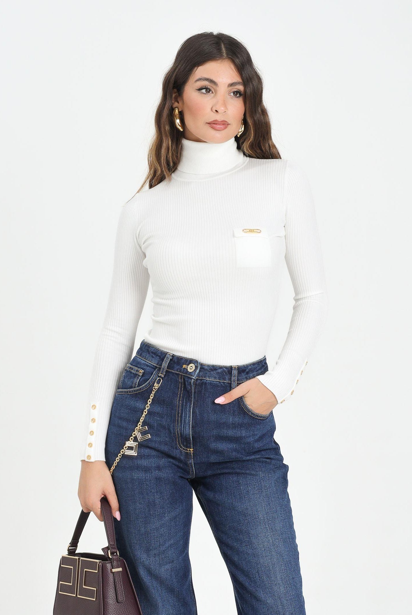 ELISABETTA FRANCHI Maglioncino a collo alto avorio da donna con taschino MK11B56E2 360 ELISABETTA FRANCHI