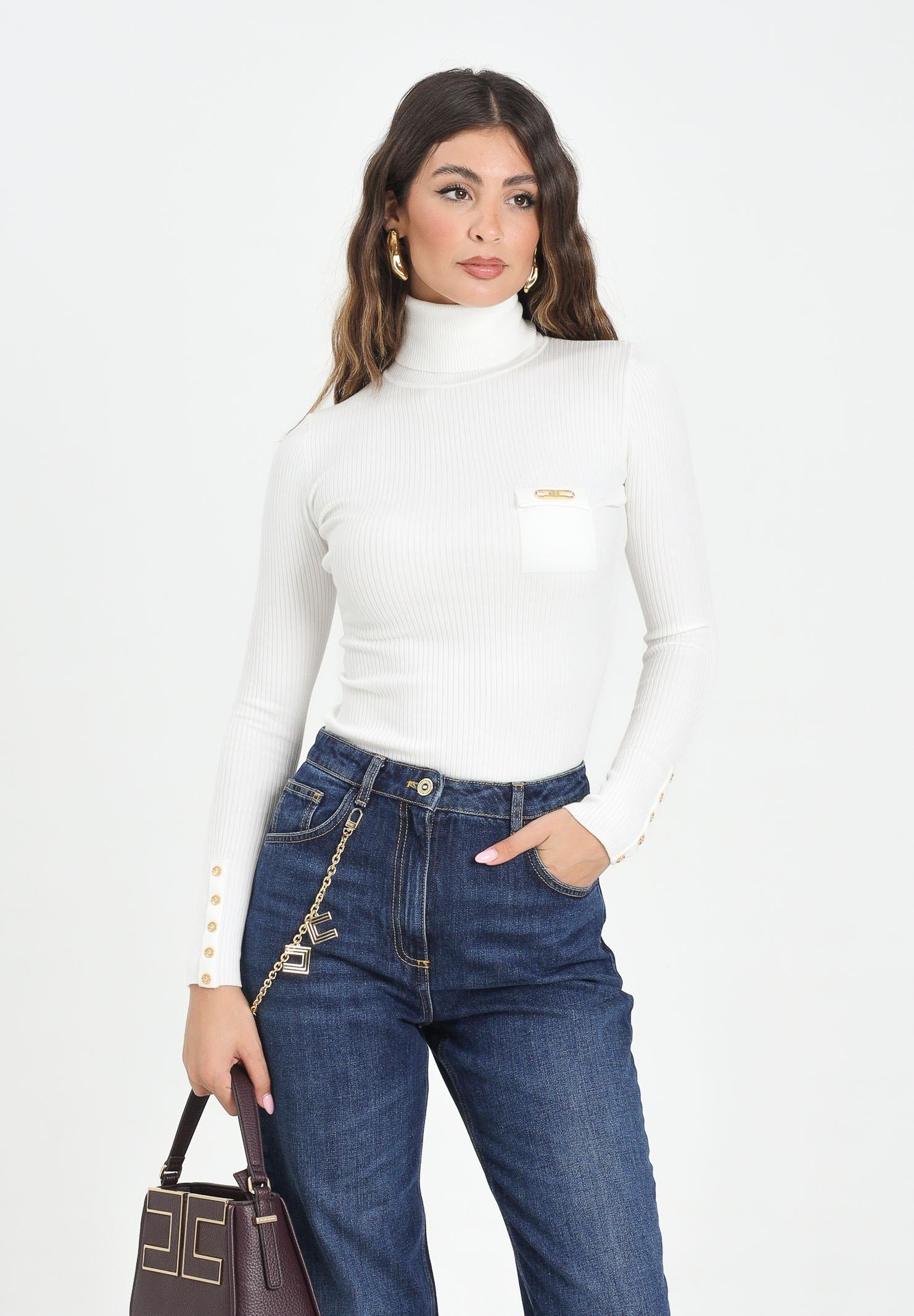 ELISABETTA FRANCHI Maglioncino a collo alto avorio da donna con taschino MK11B56E2 360 ELISABETTA FRANCHI