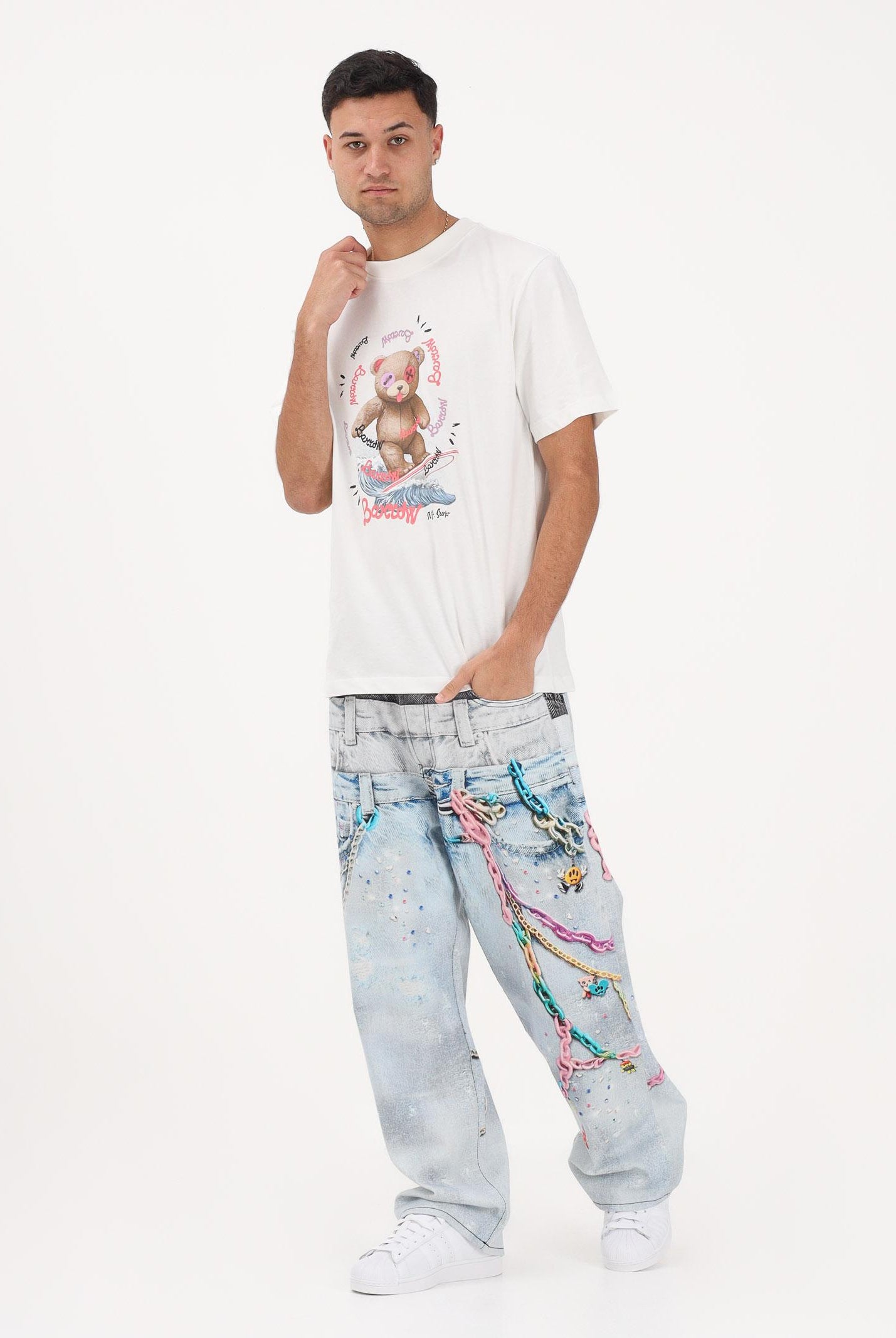 BARROW Jeans in denim chiaro per uomo e donna con stampe S6BWUADP040 126 BARROW