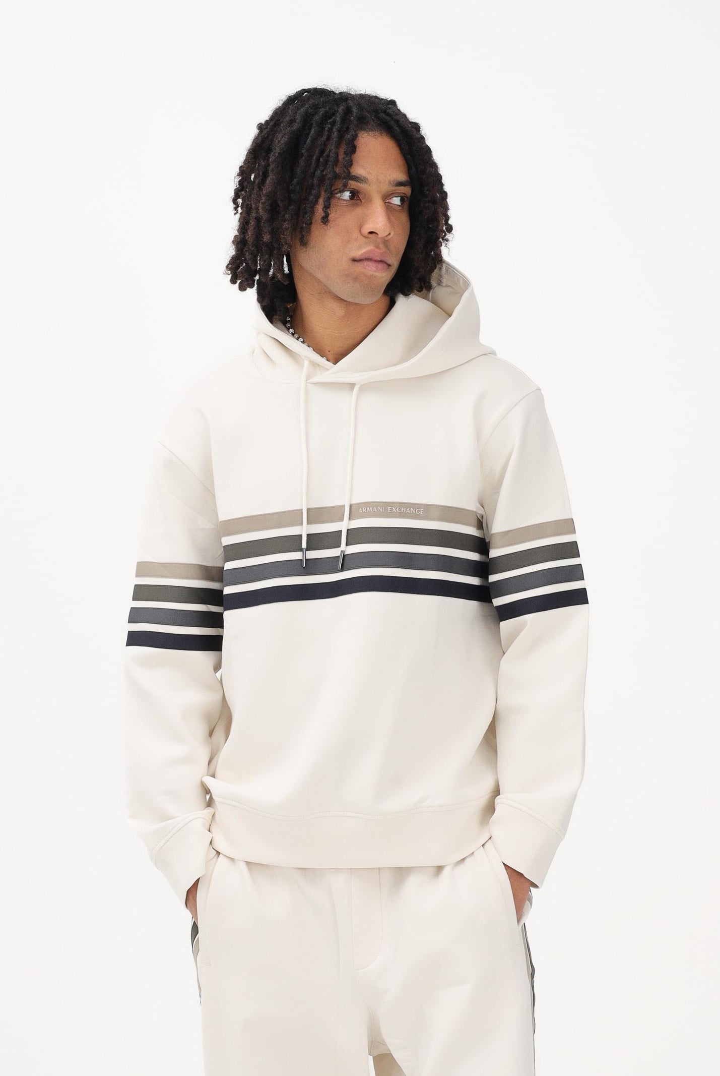 ARMANI EXCHANGE Felpa con cappuccio panna da uomo rifinita da stampa XM002053AF10818 U1074 ARMANI EXCHANGE