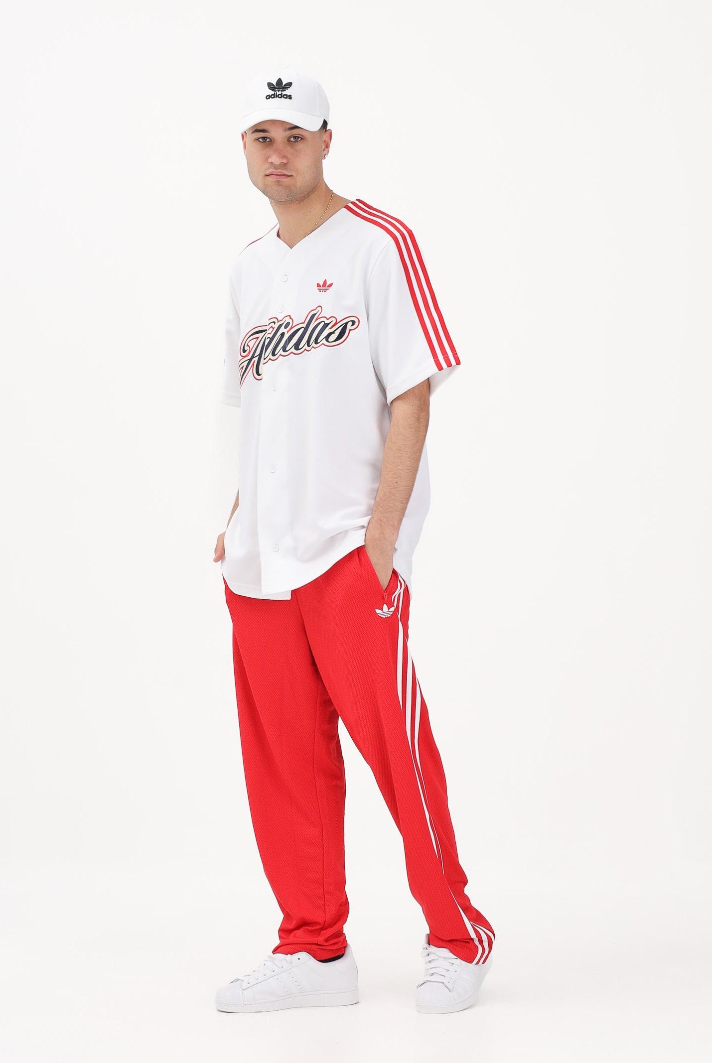 ADIDAS ORIGINALS Camicia a manica corta SUMMER LEAGUE VARSITY BASEBALL bianca per uomo e donna KD6563 . ADIDAS ORIGINALS