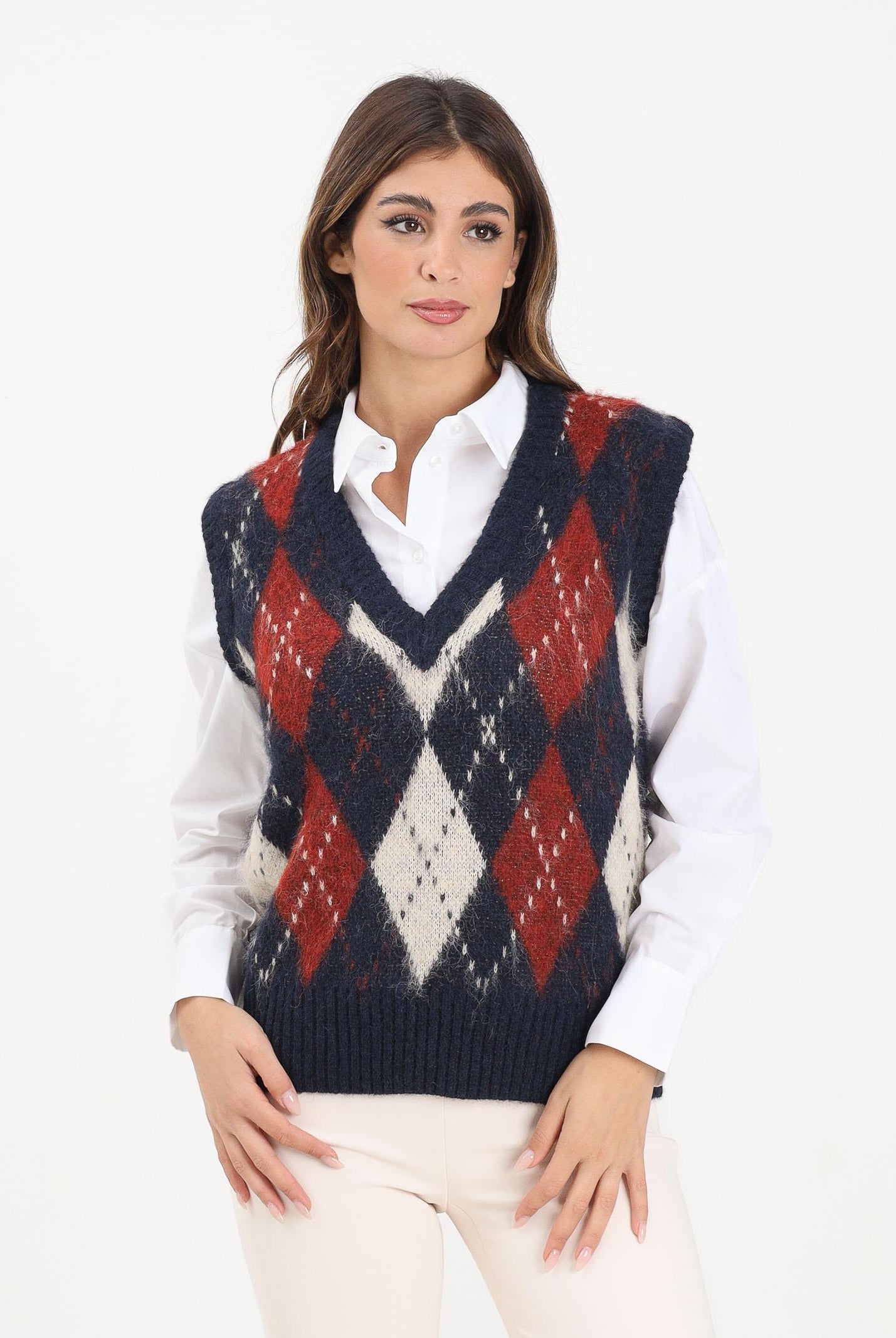 ONLY Gilet da donna con classico motivo argyle nei toni caldi del blu navy, rosso e panna 15353229 NightSky ONLY