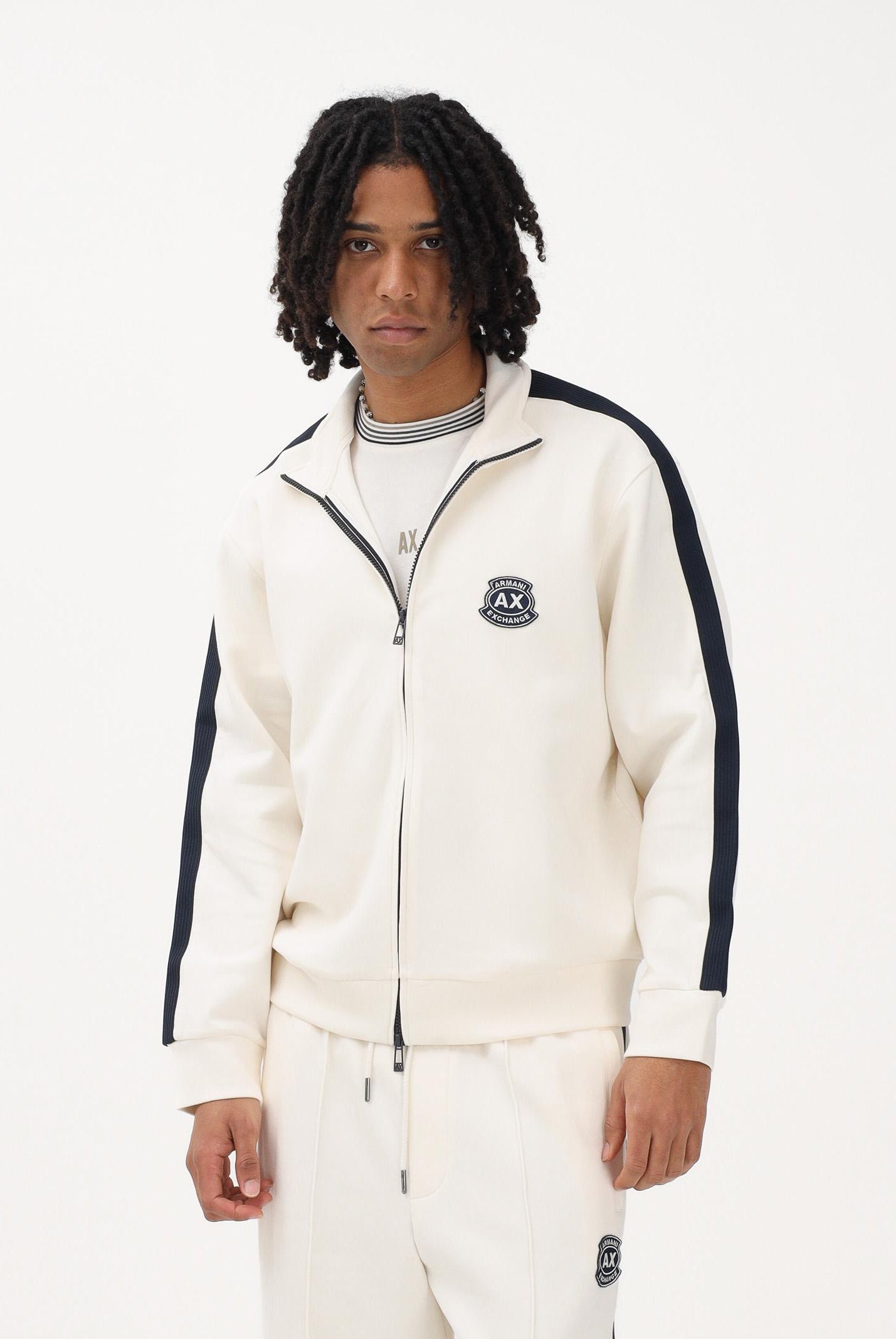 ARMANI EXCHANGE Felpa con zip panna da uomo rifinita da logo e bande a contrasto XM002367AF13047 U1074 ARMANI EXCHANGE