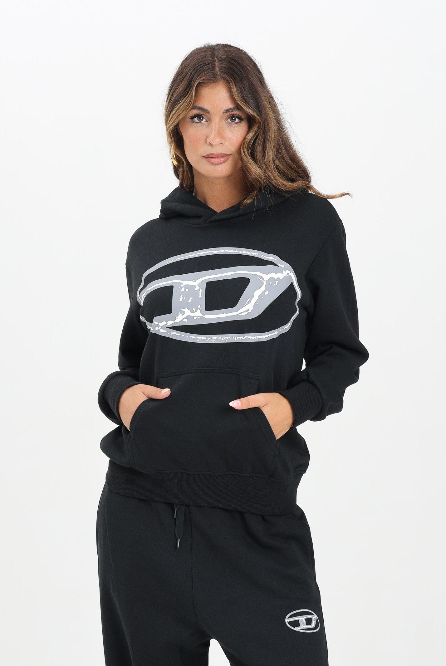 DIESEL Felpa con cappuccio nera per donna, ragazzi e bambini con maxi logo Oval D J02487KYAQK K900 DIESEL