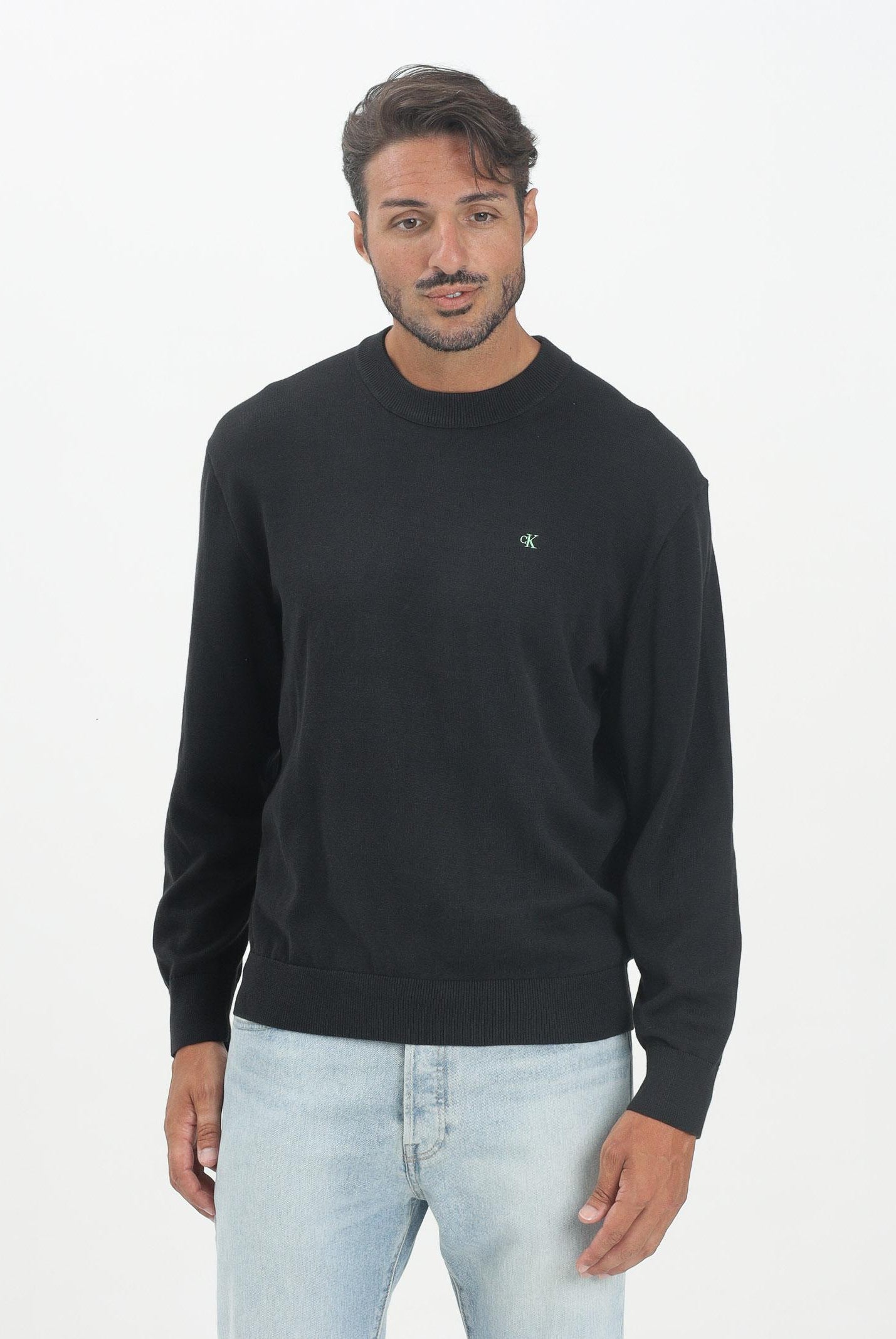 CALVIN KLEIN JEANS Maglioncino girocollo nero da uomo con ricamo CK LV04RC309GUB1 . CALVIN KLEIN JEANS