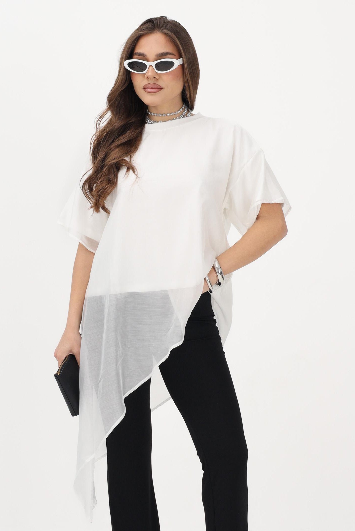 VICOLO T-shirt a manica corta bianca da donna in tessuto velato UAB018 BI VICOLO