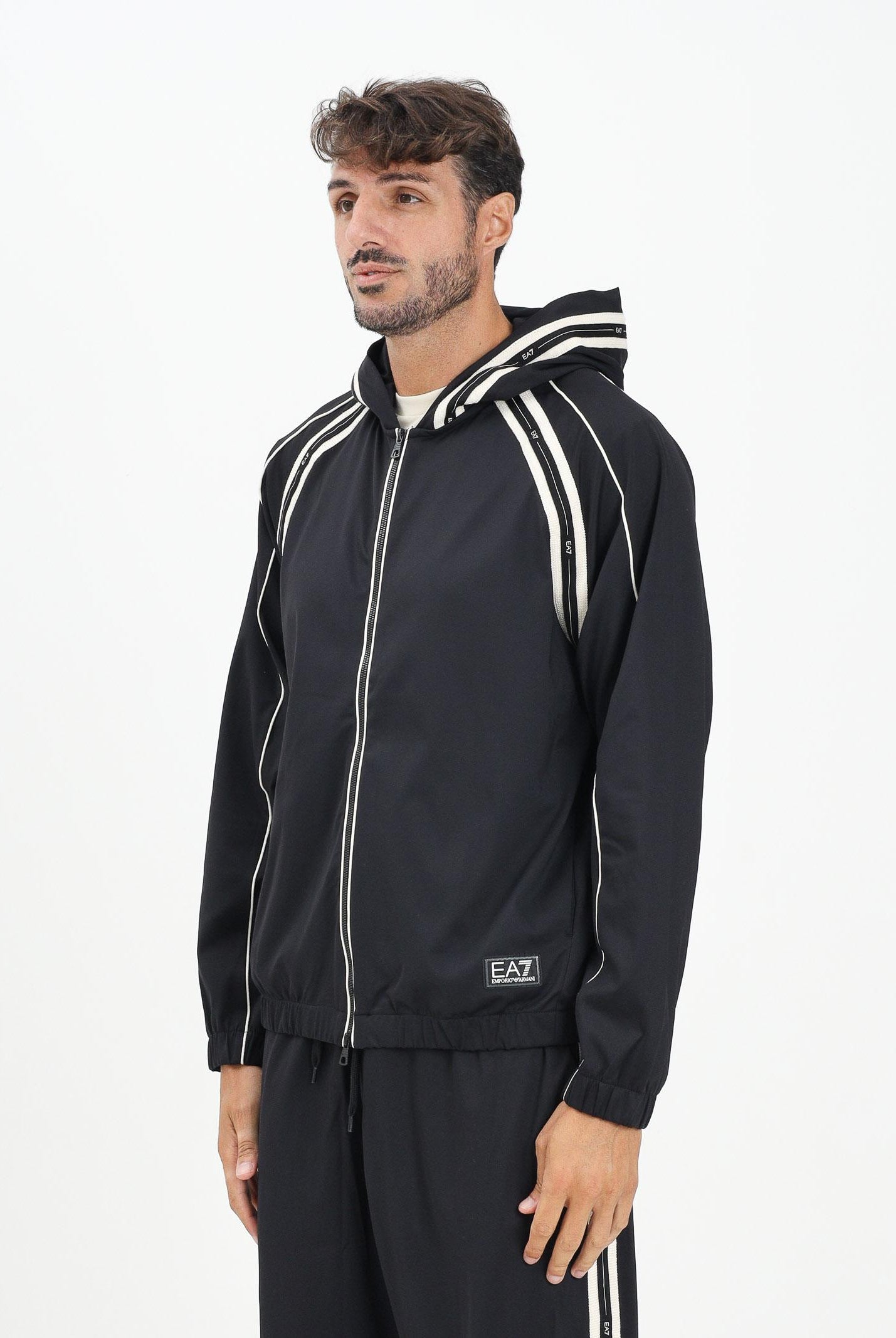 EA7 Felpa con zip nera da uomo arricchita da bande con dettagli logo 7M000958AF17160 UC001 EA7