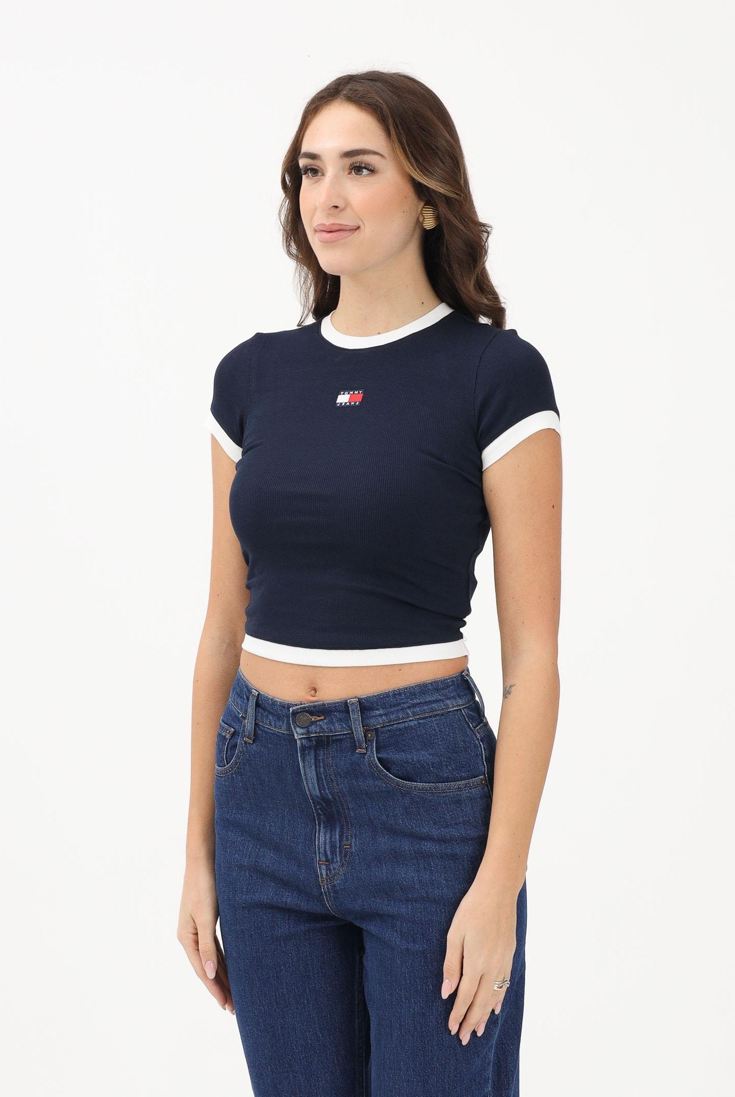 TOMMY JEANS T-shirt a manica corta blu da donna con logo e finiture a contrasto DW0DW22575 C1G TOMMY JEANS