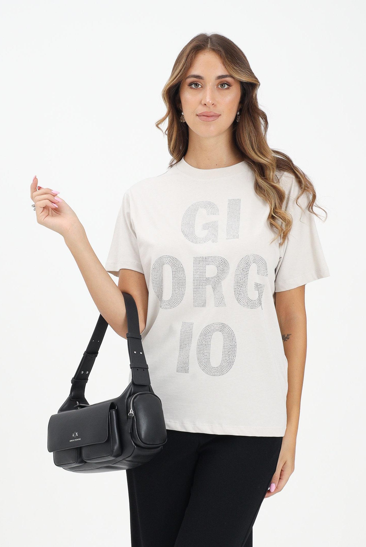 ARMANI EXCHANGE T-shirt a manica corta beige da donna con stampa Giorgio in strass XW001354AF17172 U1094 ARMANI EXCHANGE