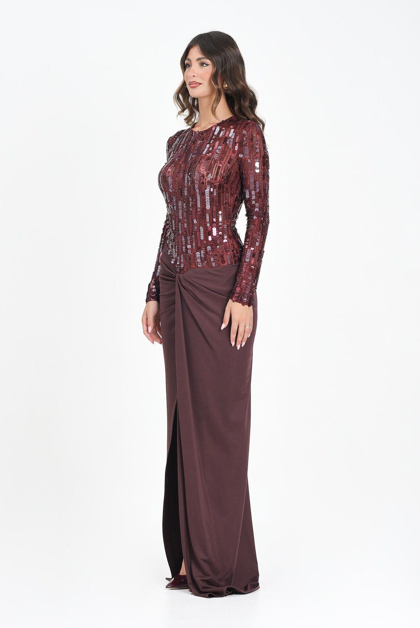 ELISABETTA FRANCHI Abito lungo bordeaux da donna in tulle e jersey con paillettes ABR2057E2 CG3 ELISABETTA FRANCHI