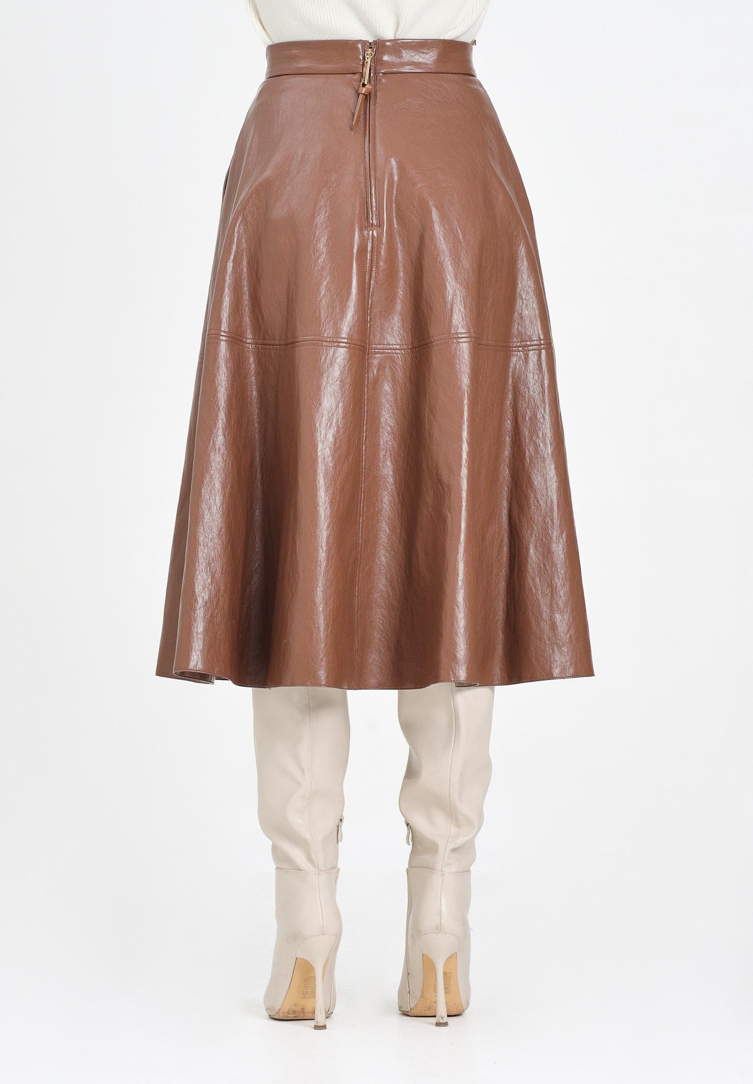 ELISABETTA FRANCHI Gonna midi cammello da donna con dettagli logo<BR/><BR/> GO13656E2 EC1 ELISABETTA FRANCHI