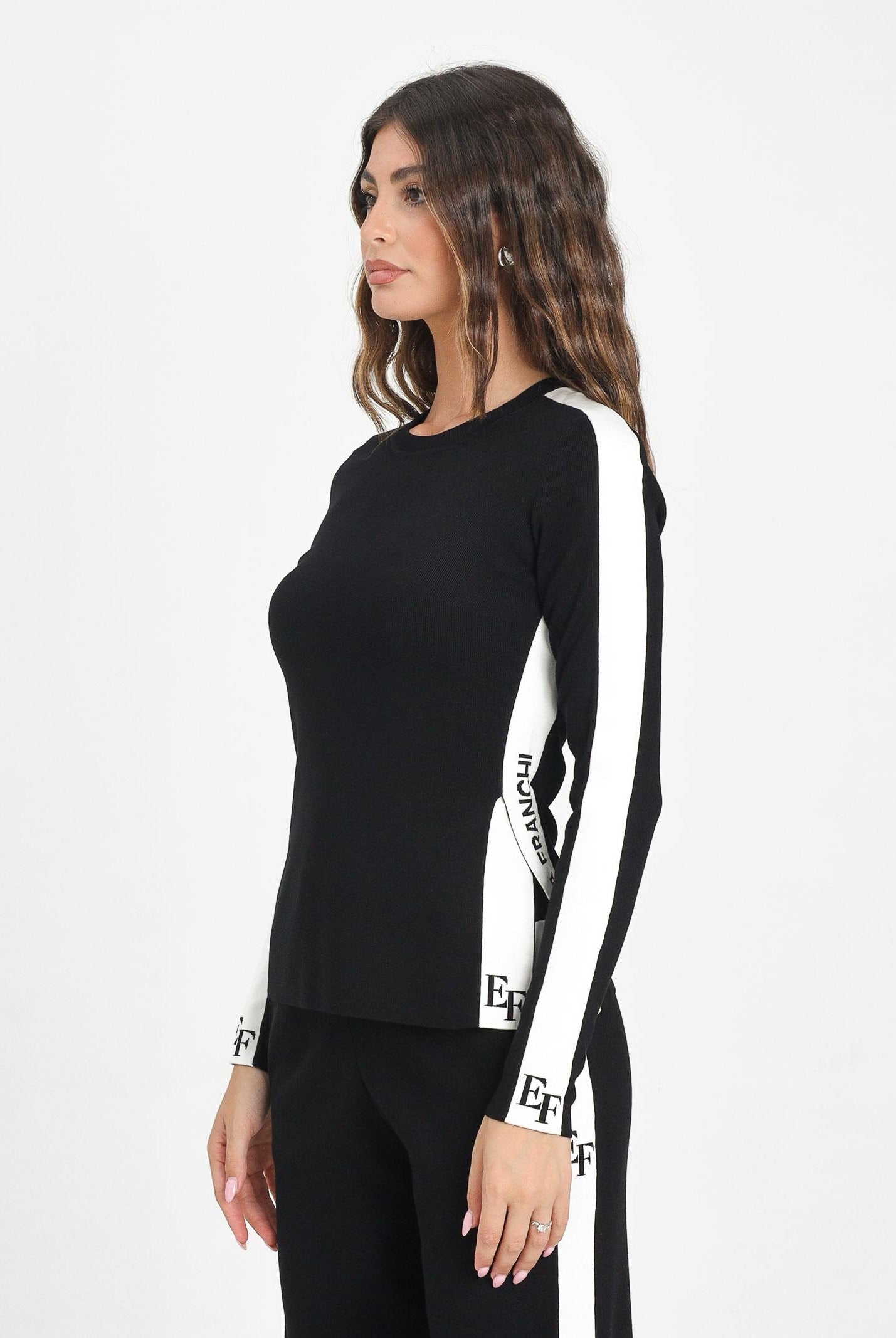 ELISABETTA FRANCHI Maglia a manica lunga nera da donna con bande lucide MK03S56E2 EF3 ELISABETTA FRANCHI