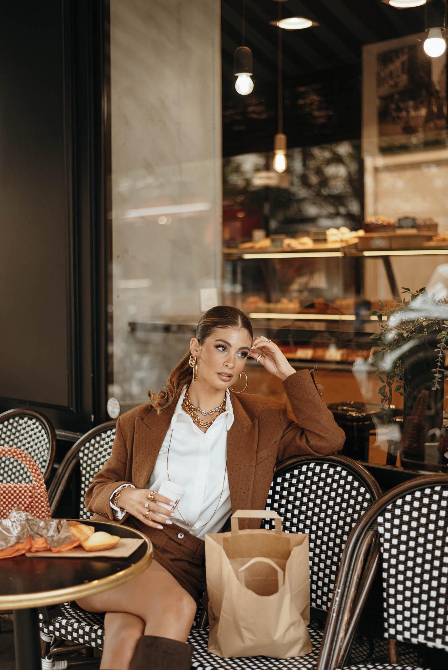 VICOLO Gonna corta cammello da donna con motivo gessato e strass TF0111 FFCU VICOLO