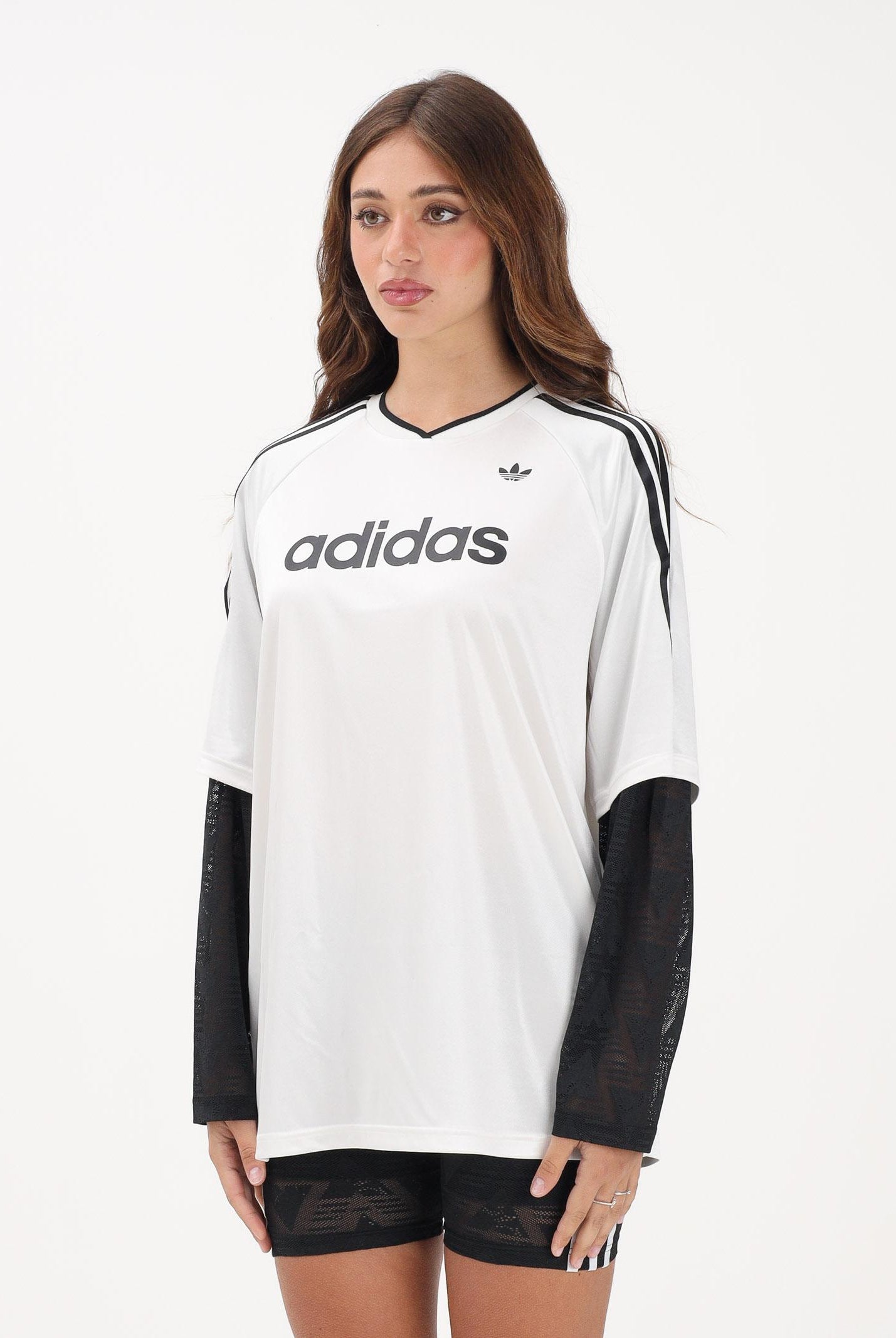 ADIDAS ORIGINALS T-shirt a manica lunga LACE bianca e nera da donna KC8140 . ADIDAS ORIGINALS