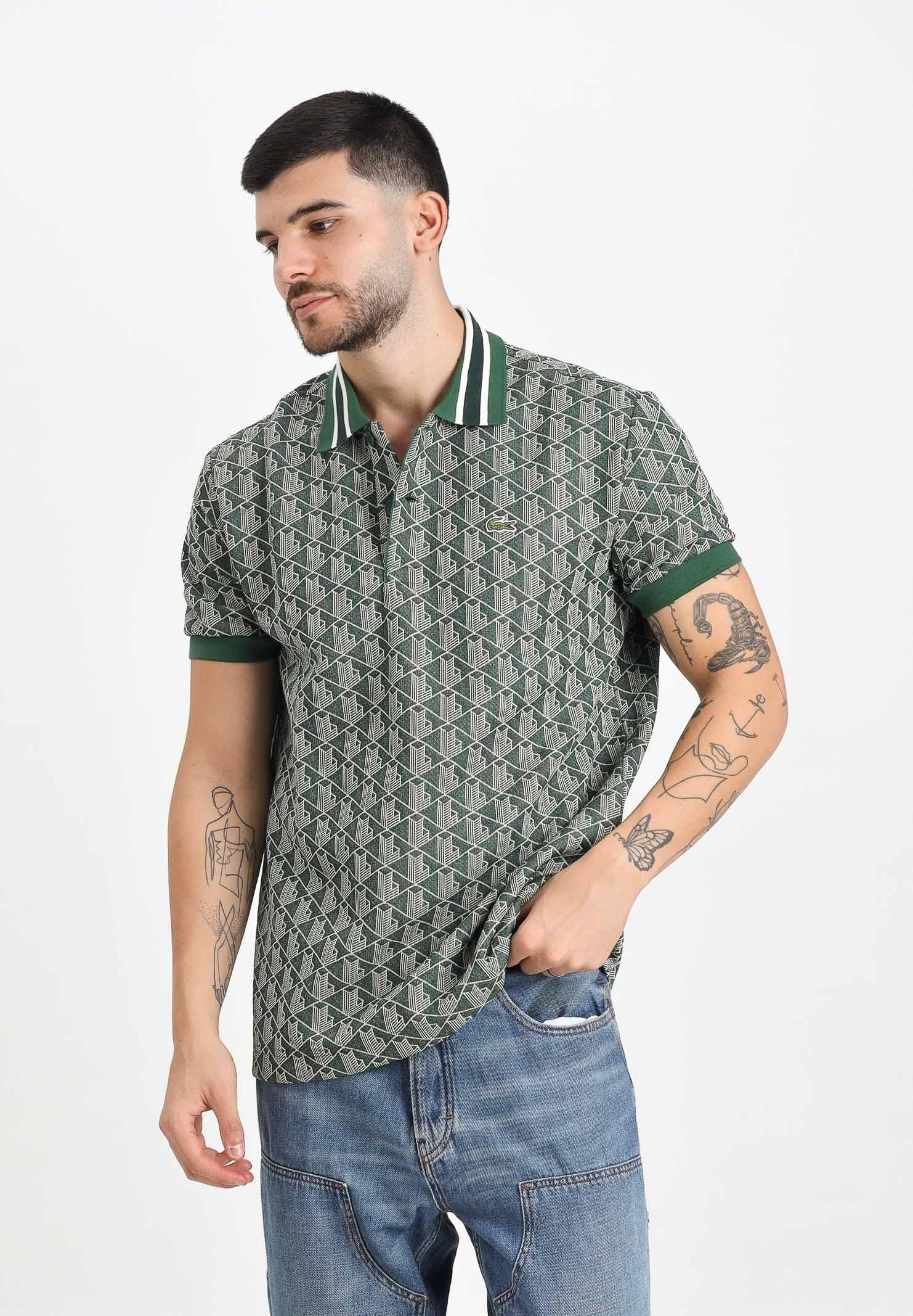 LACOSTE Polo a manica corta verde da uomo in jacquard con monogramma DH1417 D1R LACOSTE