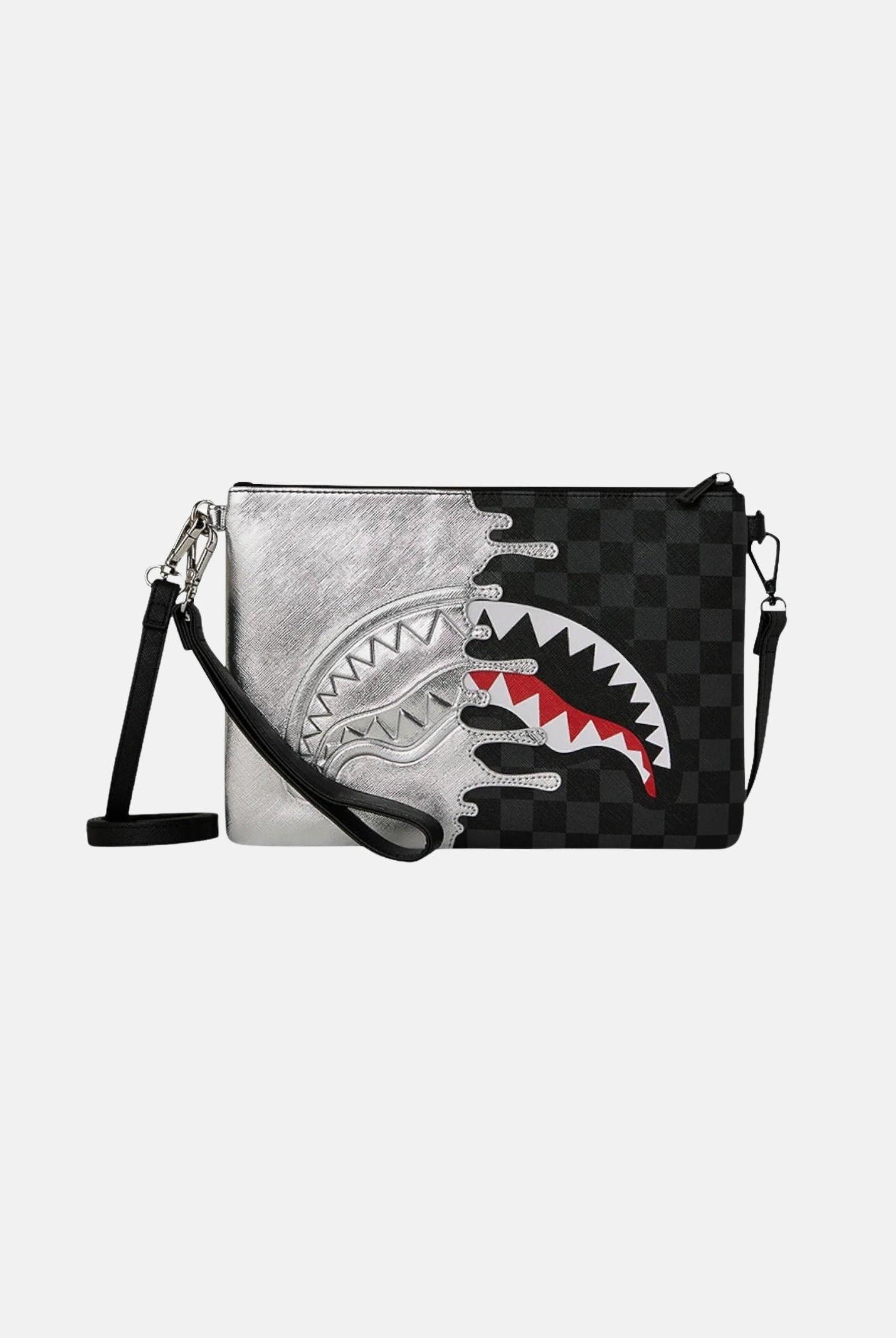 SPRAYGROUND Pochette Silver Side Drip Black Check Shark argento e nera per uomo e donna 910B8929NSZ . SPRAYGROUND