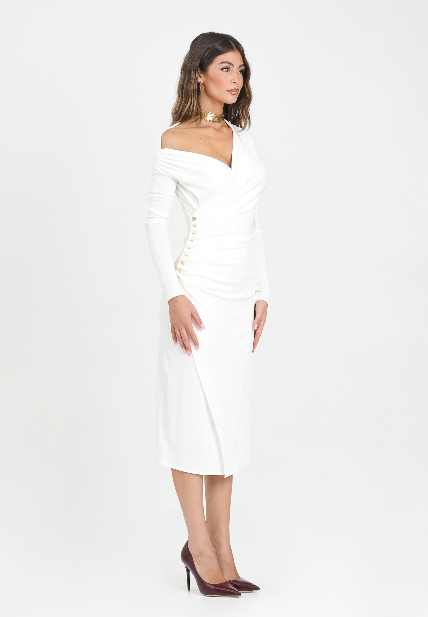 ELISABETTA FRANCHI Abito midi bianco da donna con bottoni gioiello<BR/> AB82257E2 360 ELISABETTA FRANCHI