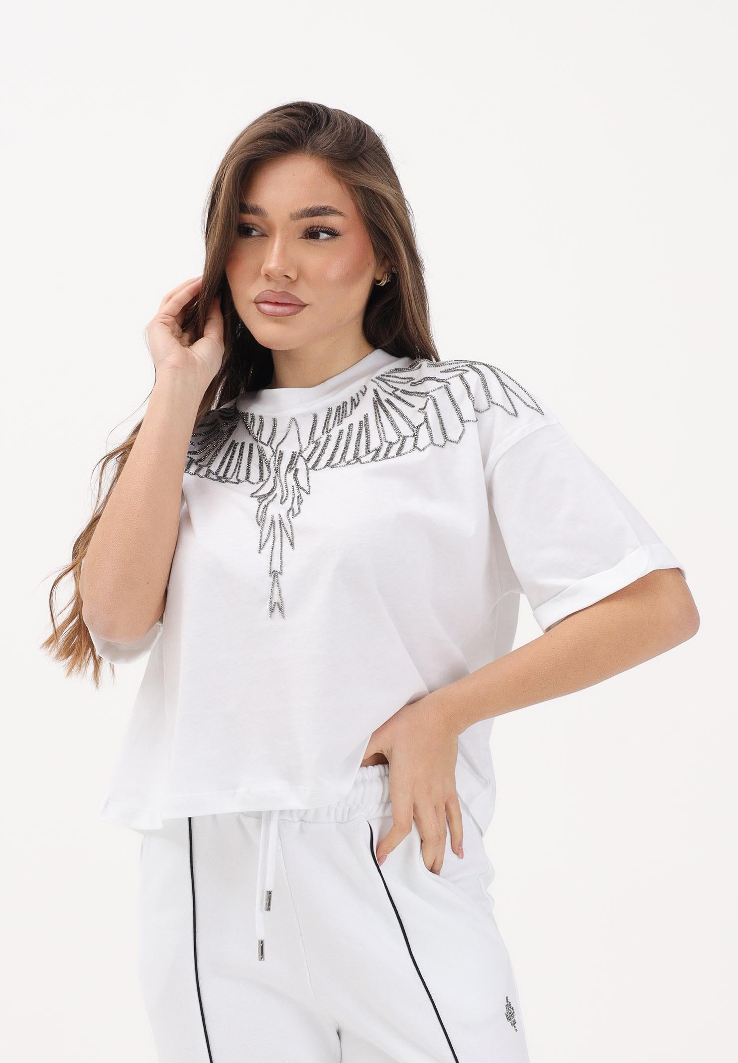 MARCELO BURLON COUNTY OF MILAN T-shirt a manica corta bianca da donna con ricamo ali in strass 26ECM30125 BI MARCELO BURLON COUNTY OF MILAN