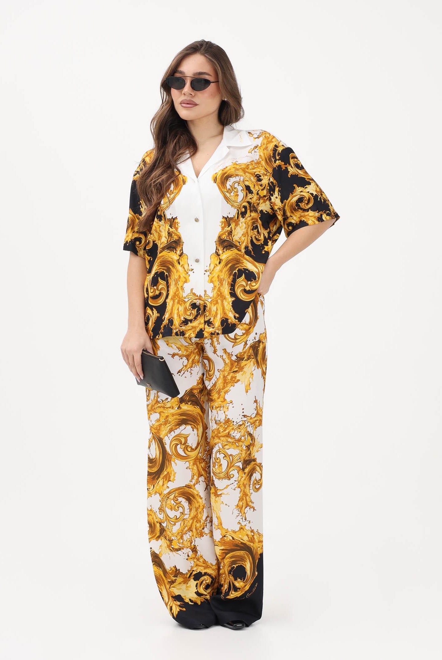 VERSACE JEANS COUTURE Camicia a manica corta bianca e nera da donna con stampa Wave Couture oro 80HAL2P9NS832 GL2 VERSACE JEANS COUTURE