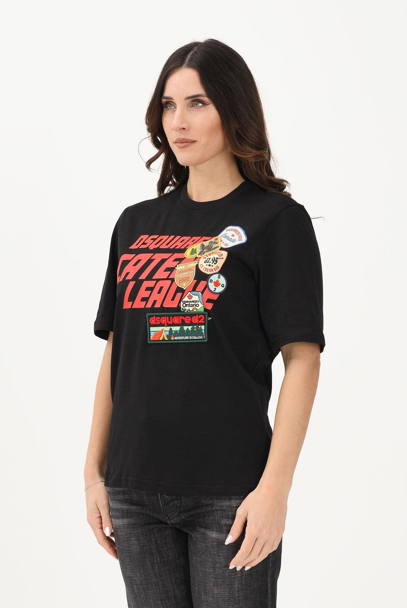 DSQUARED2 T-shirt a manica corta nera per donna, ragazzi e bambini con logo applicato e patch DQ3165D0ACD DQ900 DSQUARED2