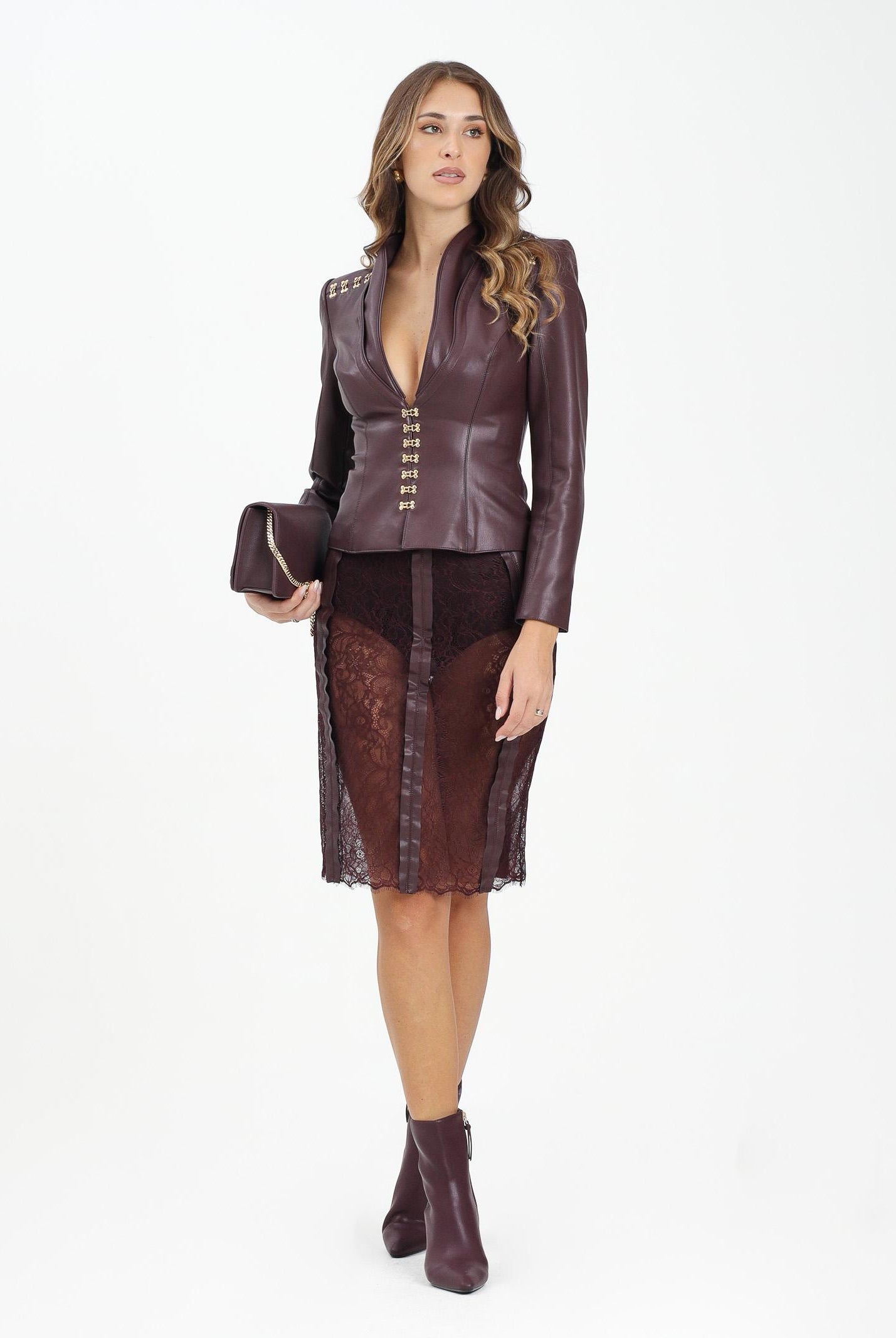 ELISABETTA FRANCHI Gonna midi in pizzo floreale bordeaux da donna GO14457E2 EA4 ELISABETTA FRANCHI