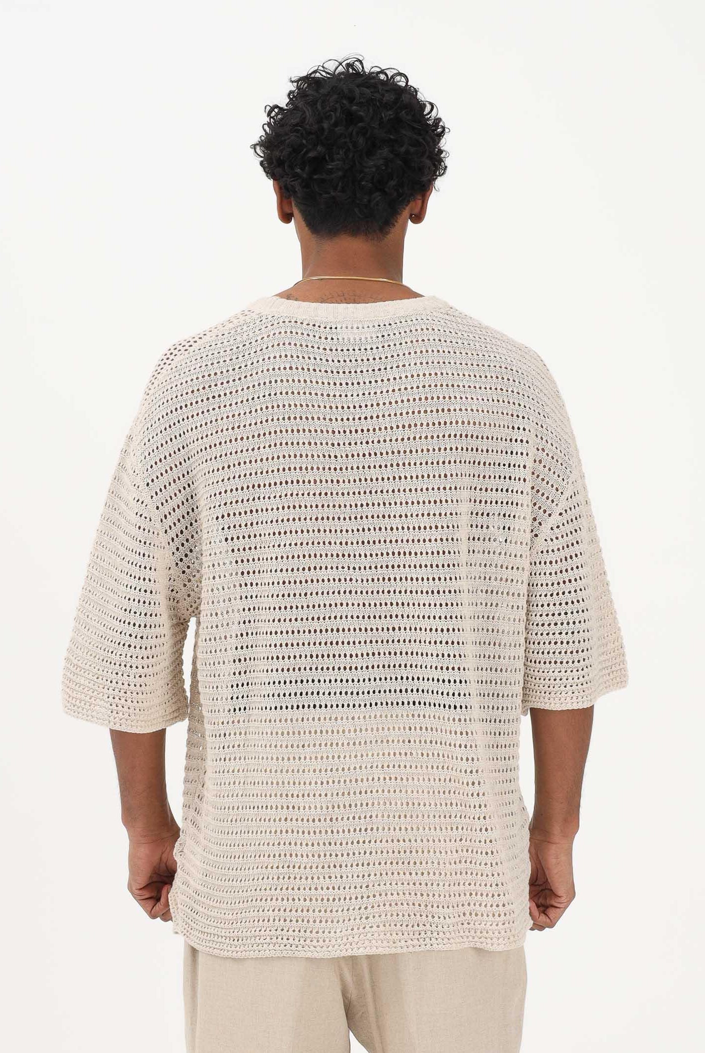 I'M BRIAN Maglia a manica corta beige da uomo realizzata in lavorazione traforata MA3610 LI I'M BRIAN