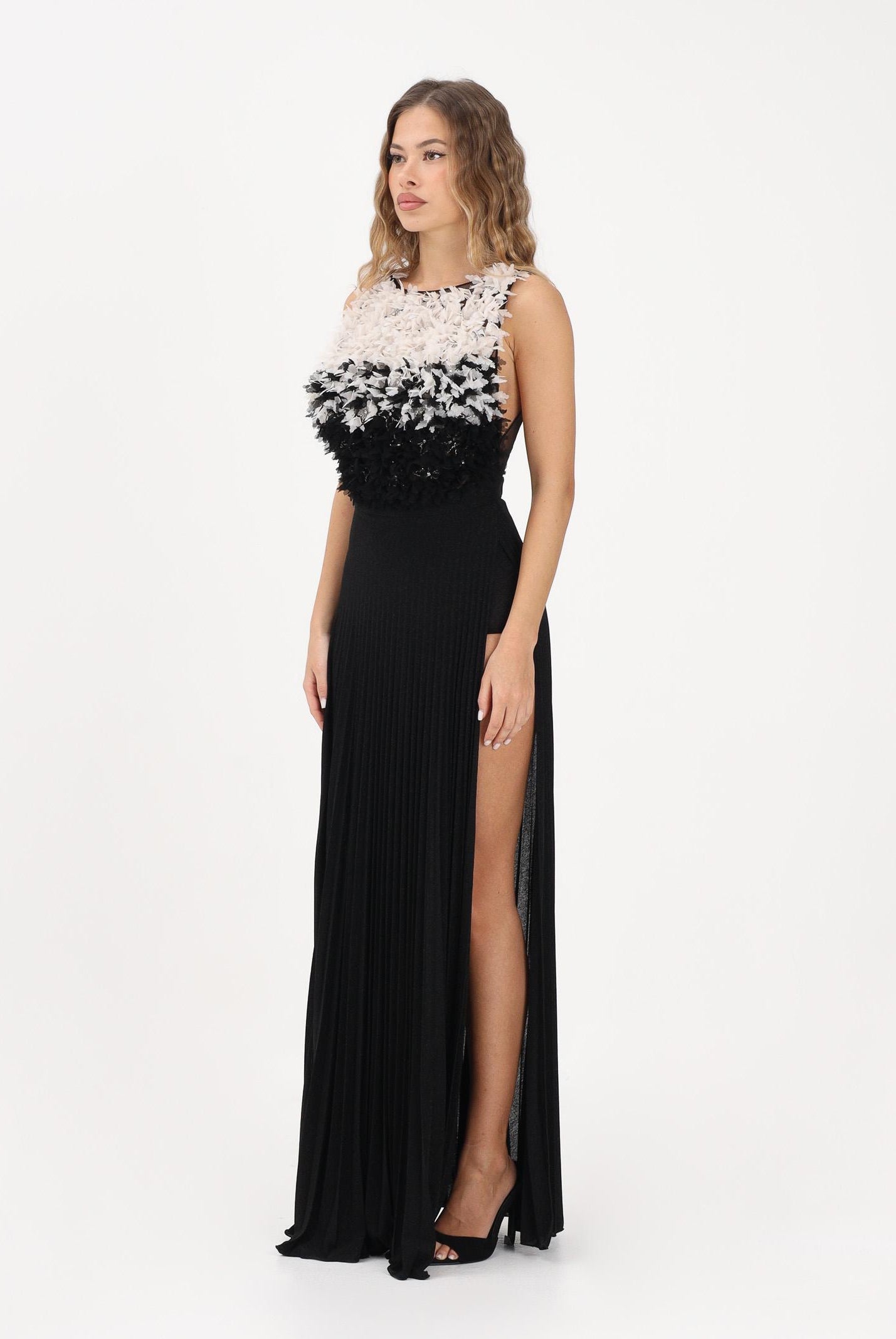 ELISABETTA FRANCHI Abito lungo nero da donna in tulle e jersey lurex ABR4462E2 685 ELISABETTA FRANCHI