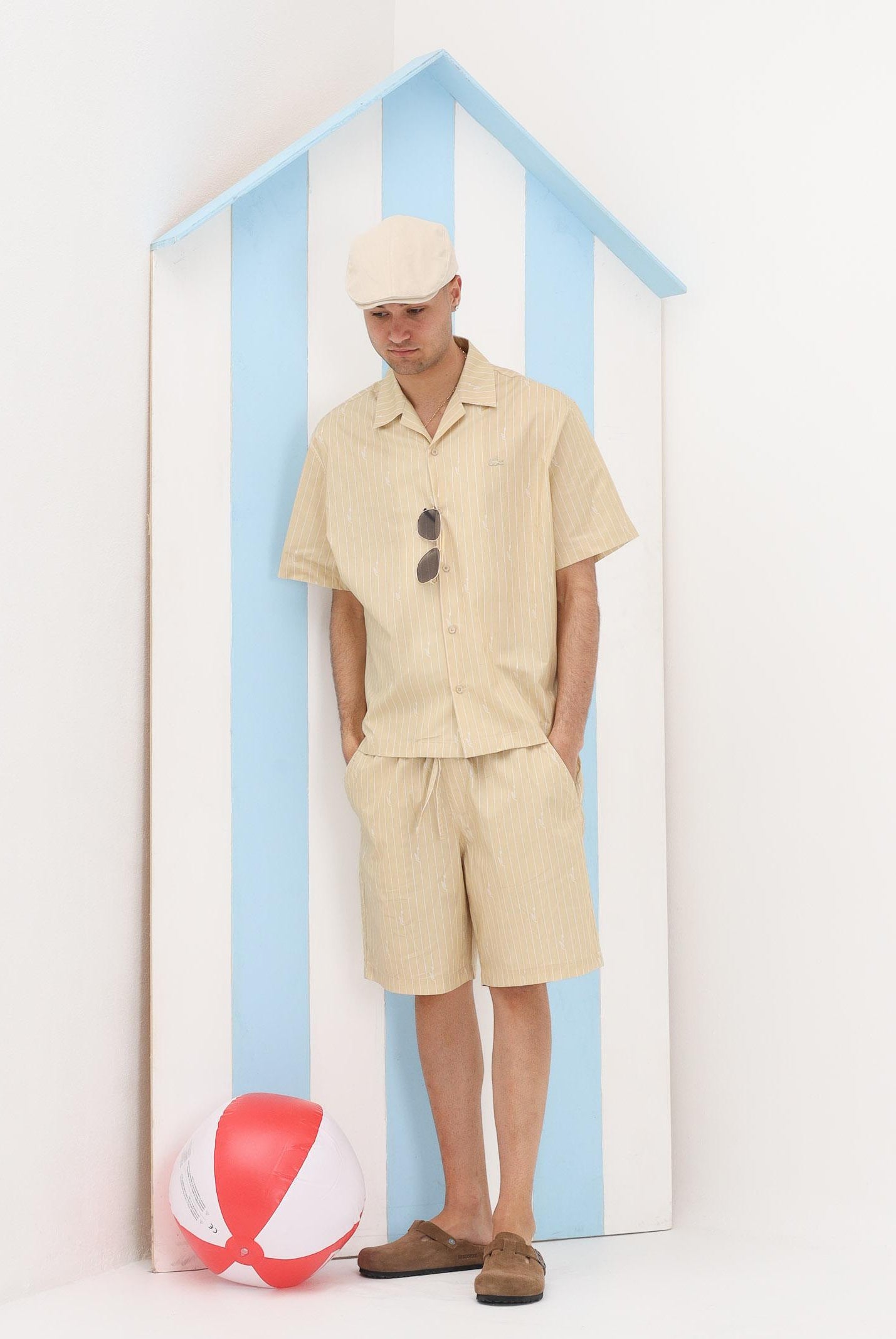 LACOSTE Shorts beige da uomo a righe con stampa coccodrillo GH1964 2IU LACOSTE