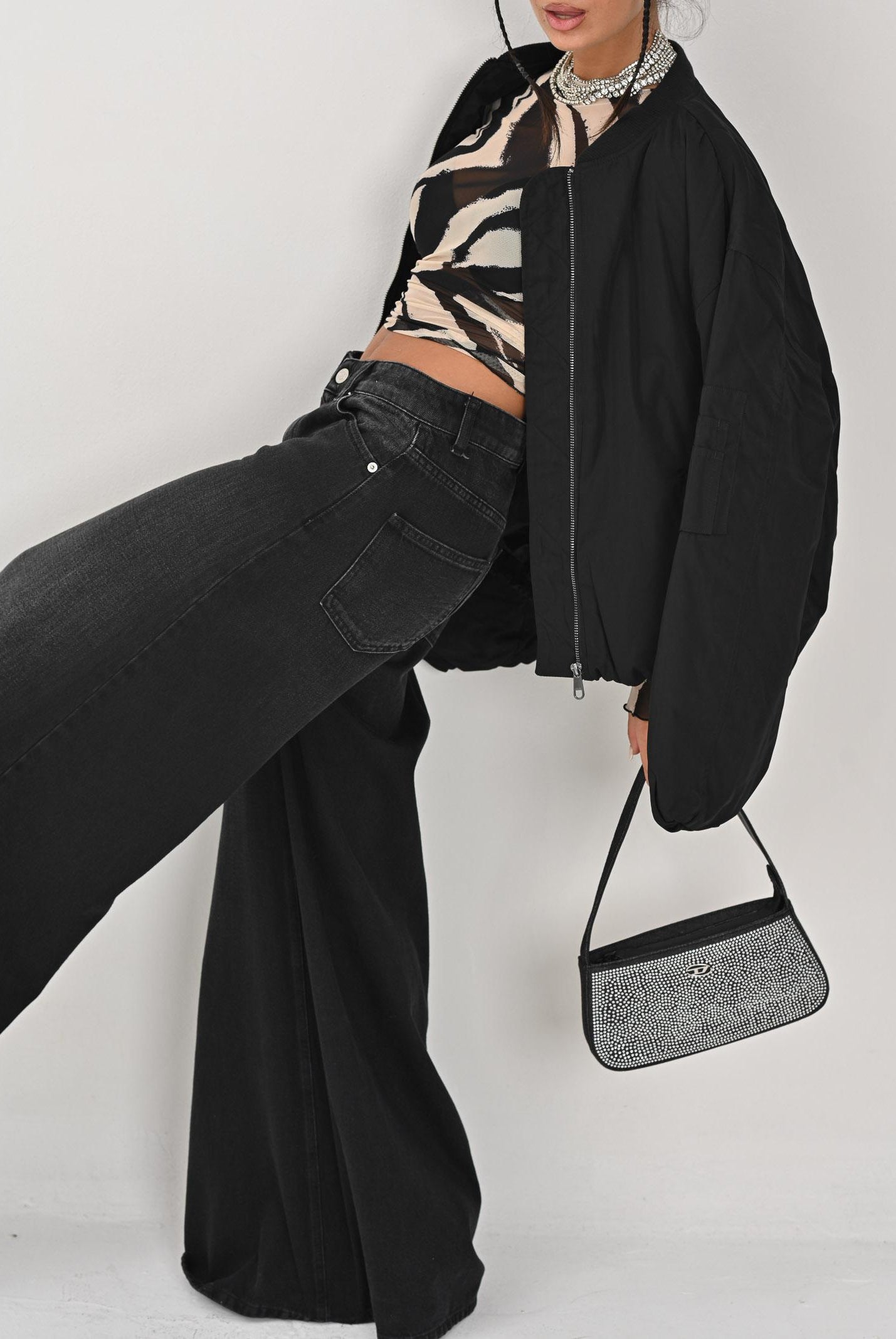 DIESEL Borsa WJULIE in denim nero da donna con strass applicati J02530KXBRM K02 DIESEL