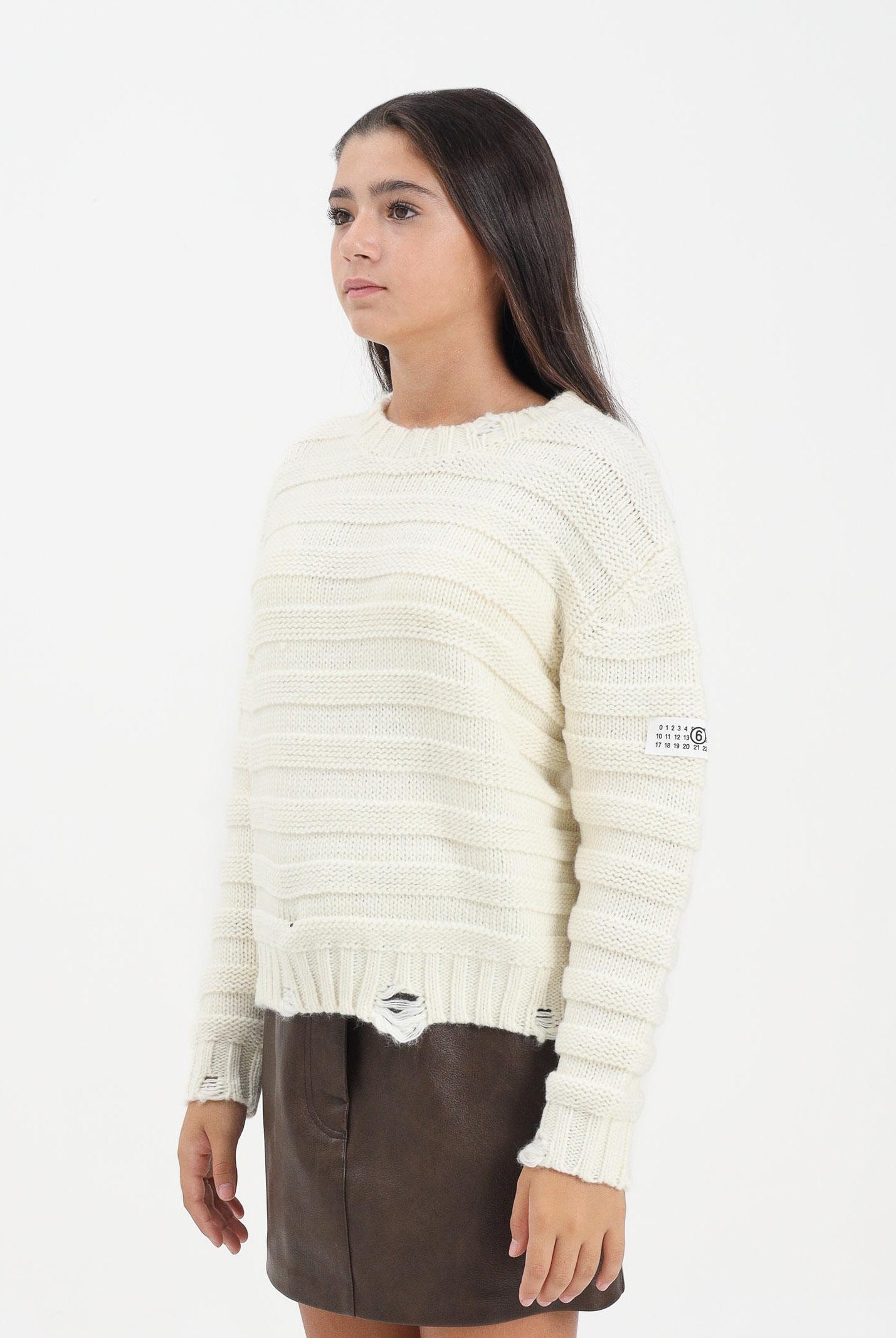 MAISON MARGIELA Maglioncino girocollo panna per donna, ragazzi e bambini in misto lana a coste con rotture<BR/> M60880MM06P M6101 MAISON MARGIELA
