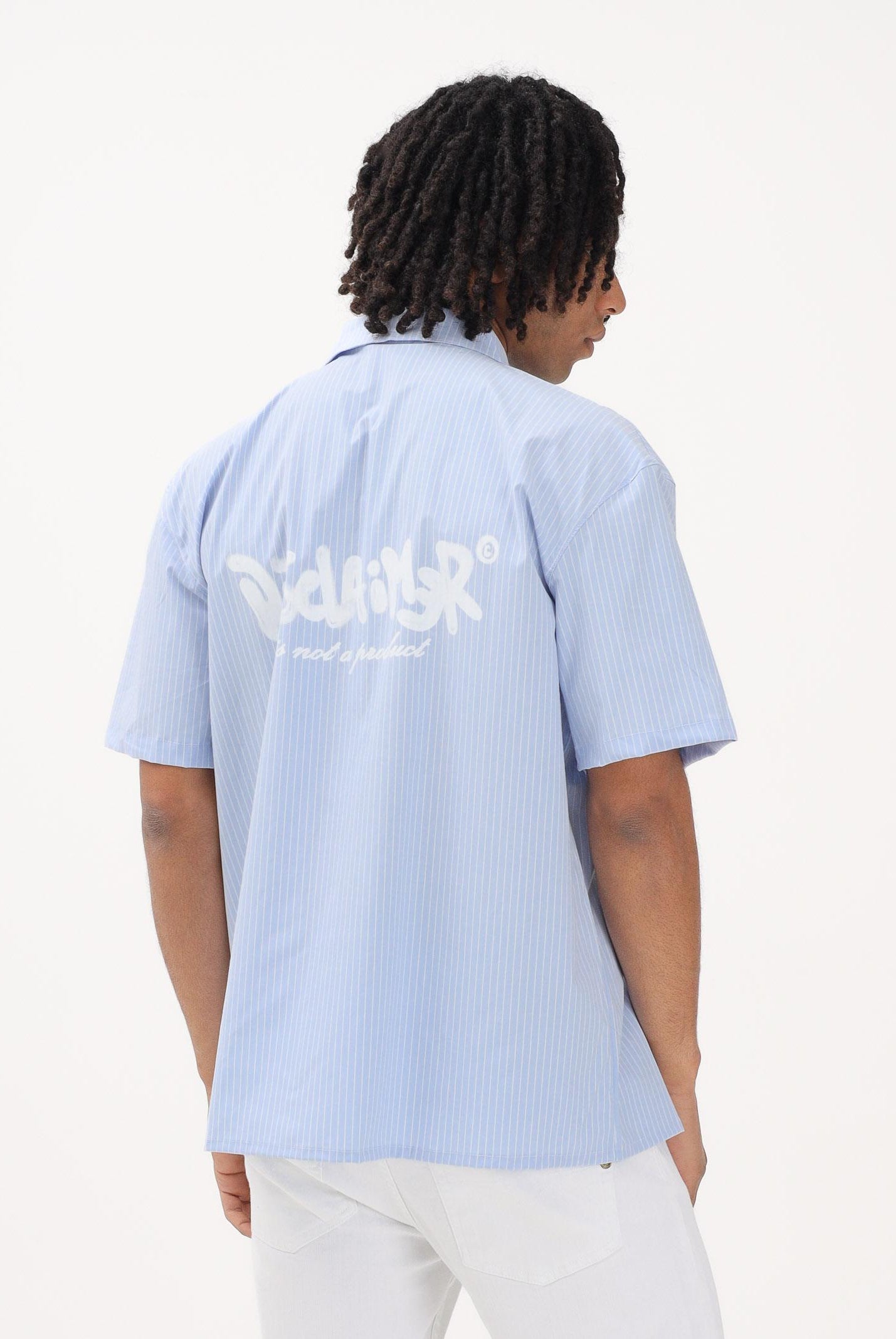 DISCLAIMER Camicia a manica corta azzurra da uomo con motivo a righe 26EDS55529 CE DISCLAIMER