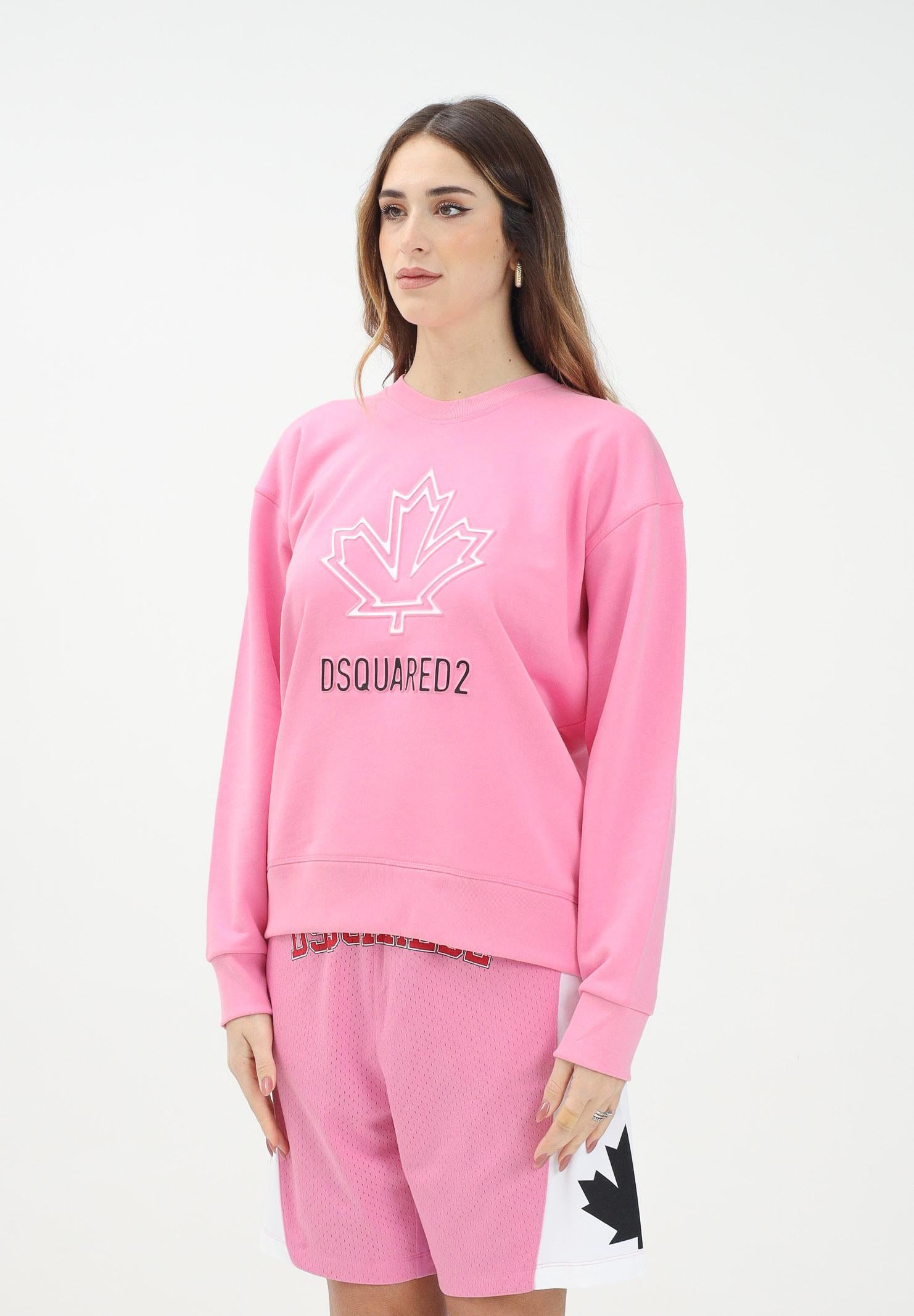 DSQUARED2 Felpa girocollo rosa per donna e bambina con foglia d'acero e logo DQ2786D0A9U DQ321 DSQUARED2