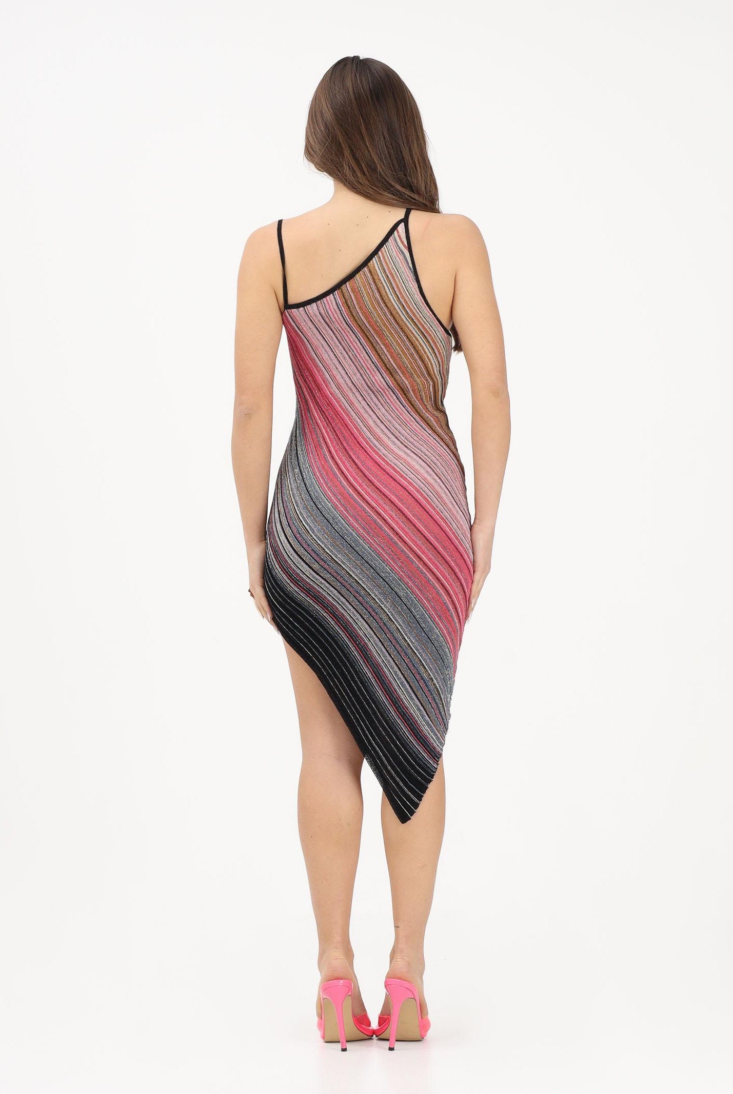 AKEP Abito midi asimmetrico multicolore da donna con lavorazione a righe VSKD13293 V1 AKEP