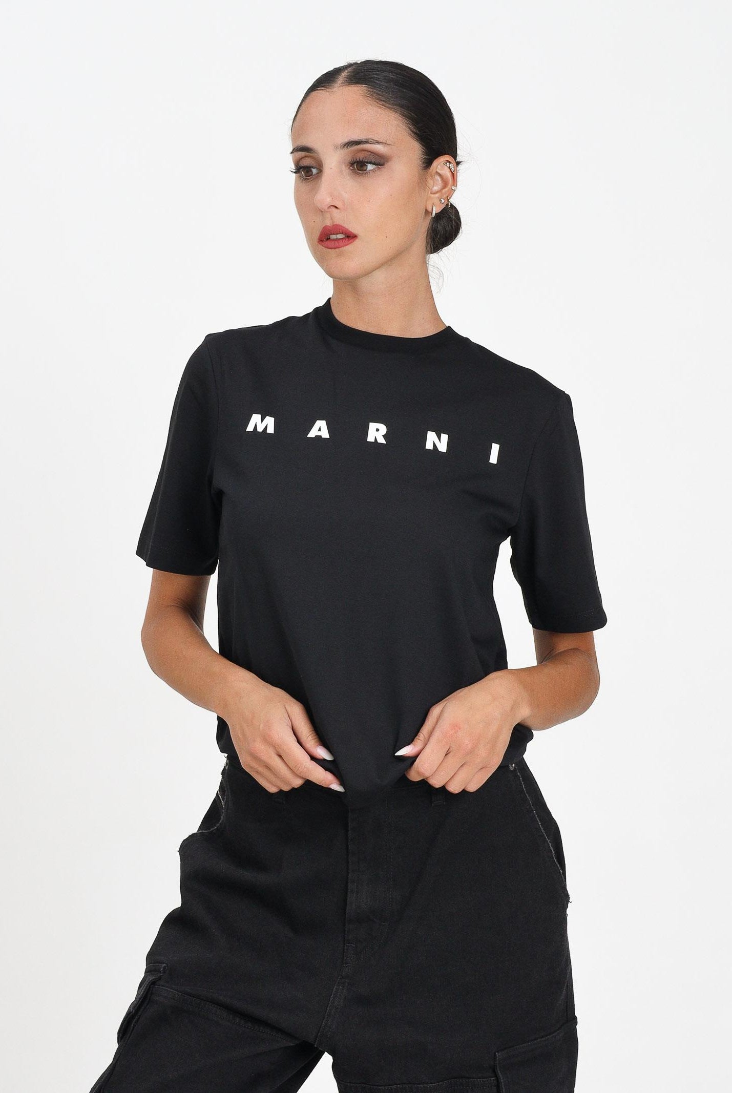 MARNI T-shirt a manica corta nera per donna, ragazzi e bambini con stampa logo M01601M00RF 0M900 MARNI