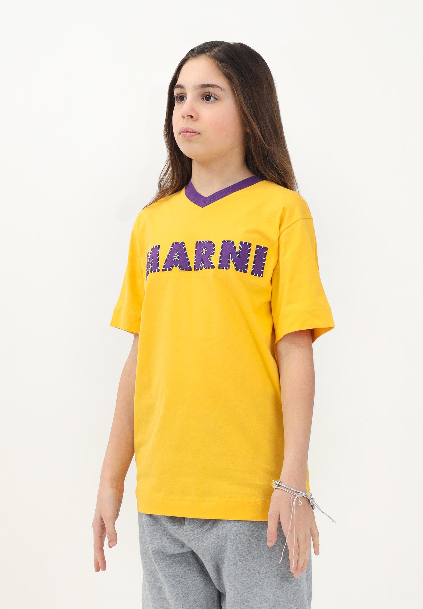 MARNI T-shirt a manica corta gialla per donna, ragazzi e bambini con logo a contrasto M01412M00HZ 0M219 MARNI