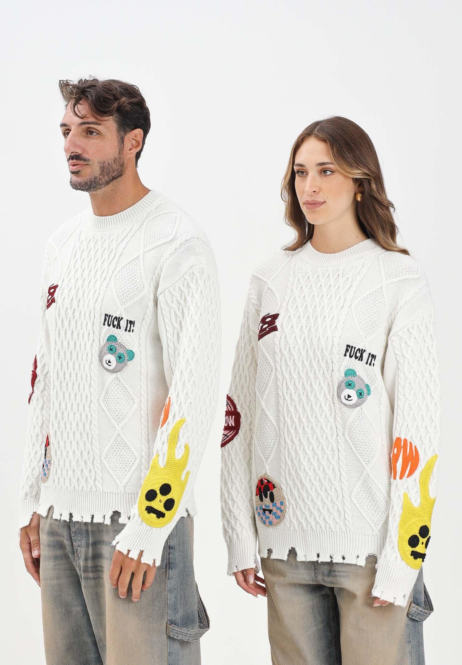 BARROW Maglione girocollo bianco per uomo e donna caratterizzato da patch multicolore F5BWUAJP115 013 BARROW