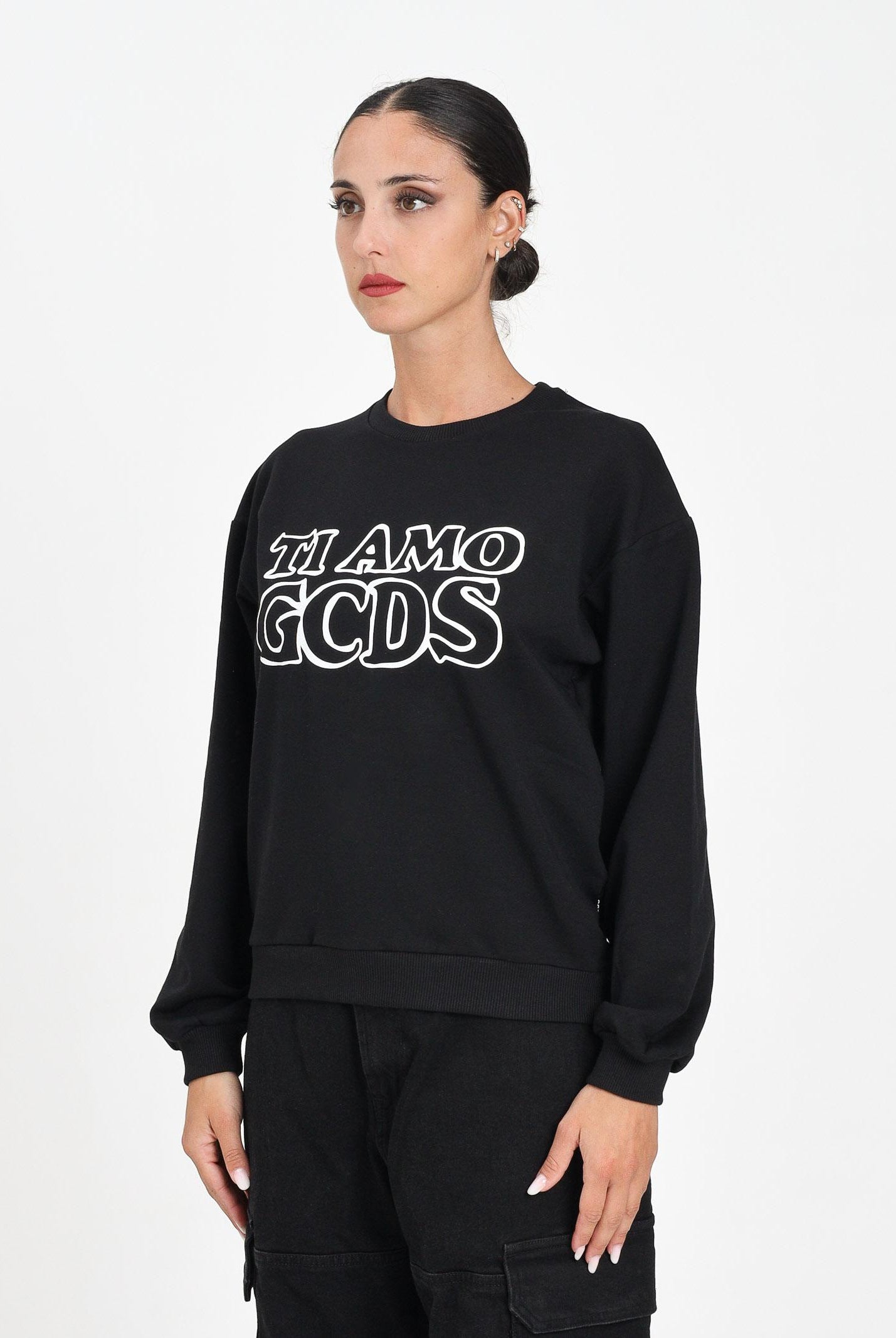 GCDS Felpa girocollo nera per donna e ragazze con stampa in strass B2JW1532BA5 99 GCDS