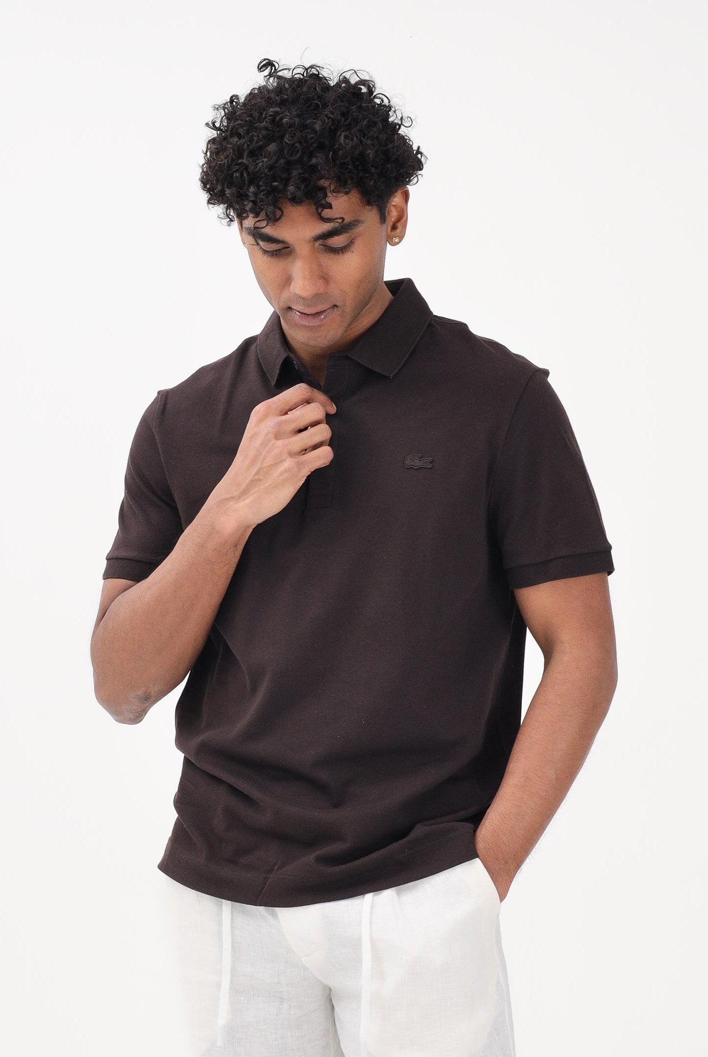 LACOSTE Polo a manica corta marrone da uomo in piqué elasticizzato Paris PH5522 3LA LACOSTE