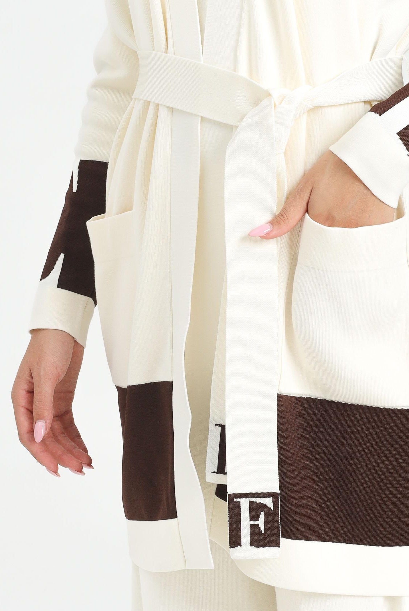 ELISABETTA FRANCHI Cardigan lungo panna da donna con bande lucide MK02S56E2 EG2 ELISABETTA FRANCHI