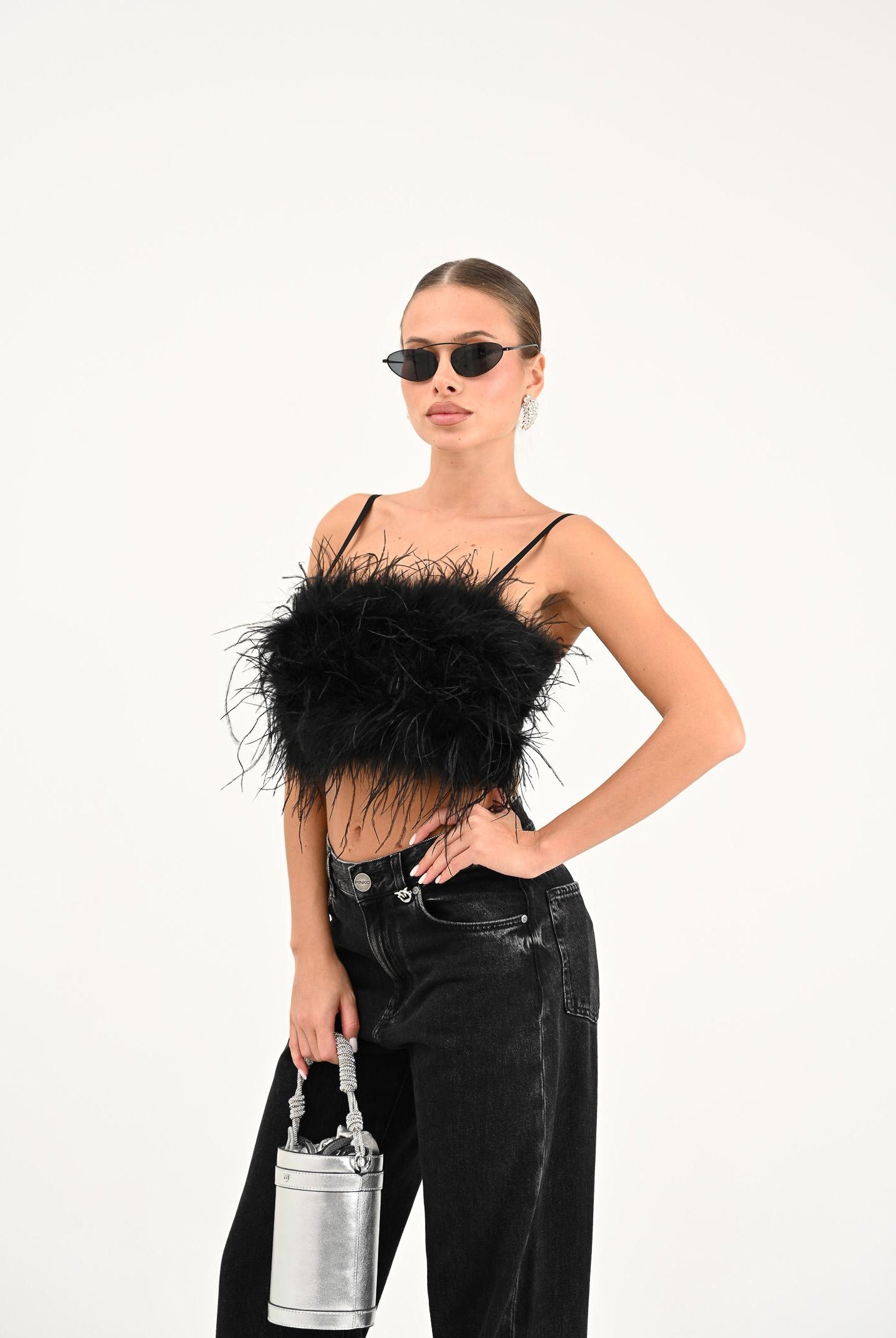 PINKO Top elegante nero da donna con piume 105576A2SO Z99 PINKO